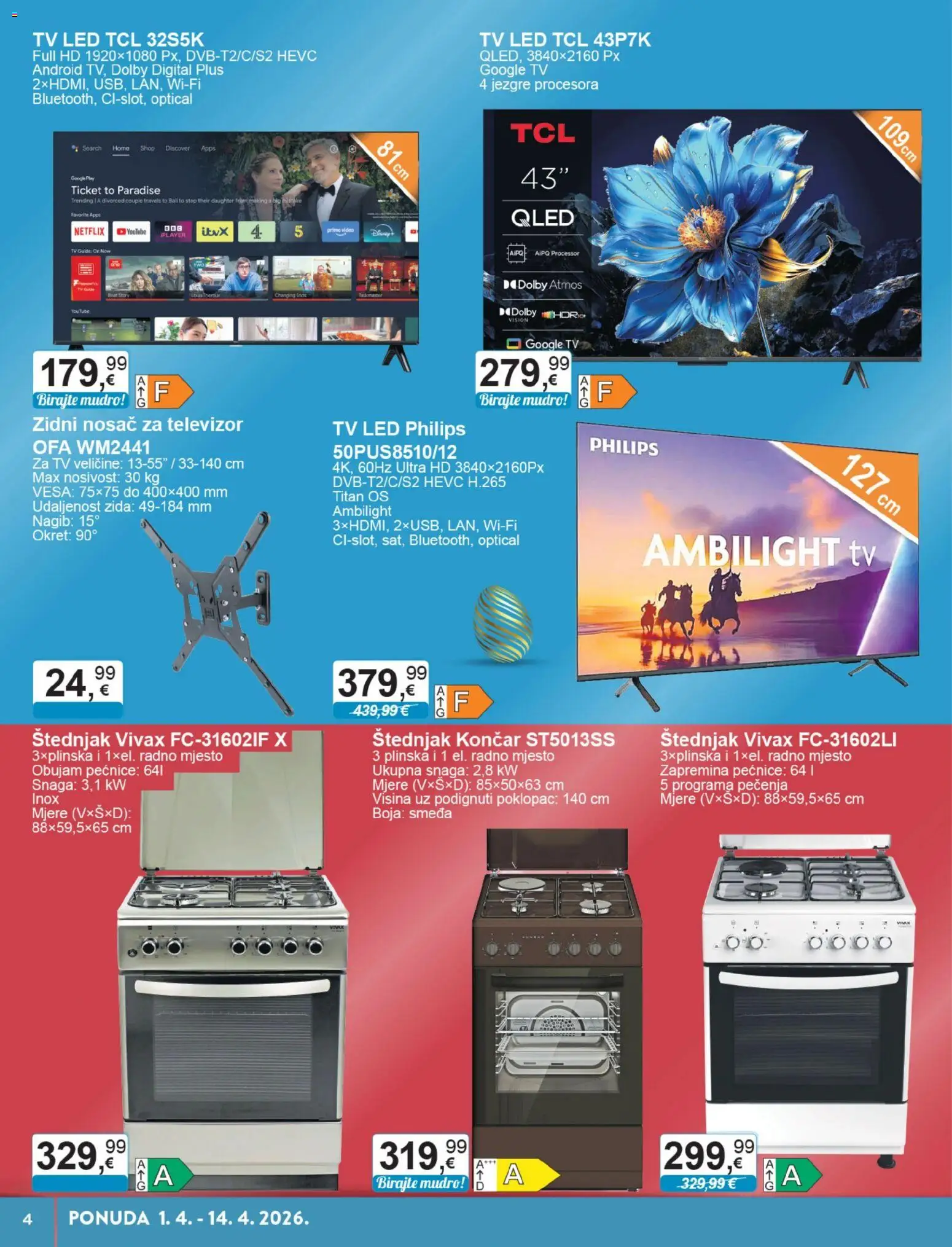KTC katalog | vrijedi od 01.04.2026 | Stranica: 4 | Proizvodi: Tv, Televizor, Video, Štednjak