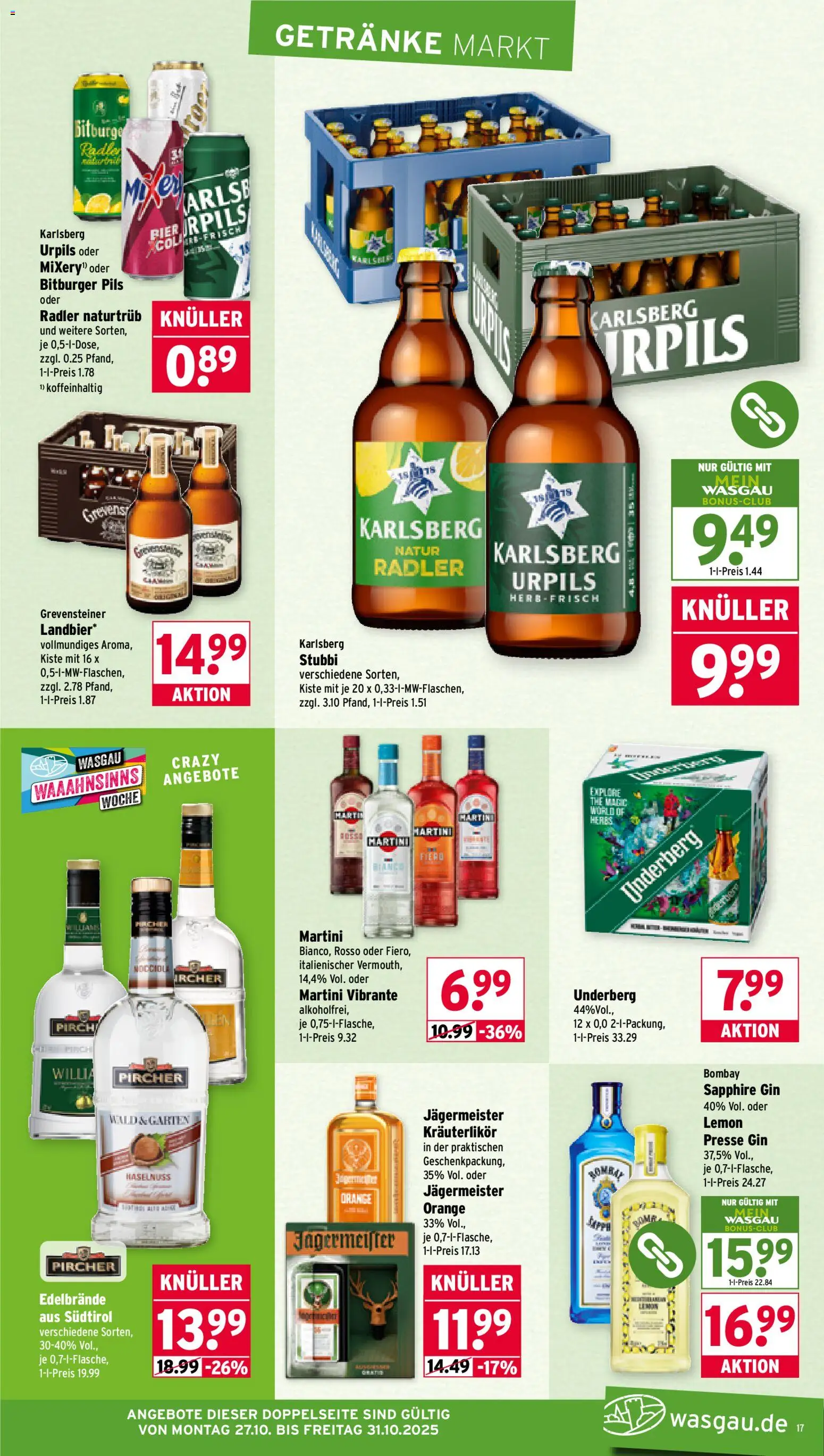 Wasgau Prospekt 	 – gültig ab 27.10.2025 | Seite: 17 | Produkte: Martini, Carlsberg, Jägermeister, Underberg