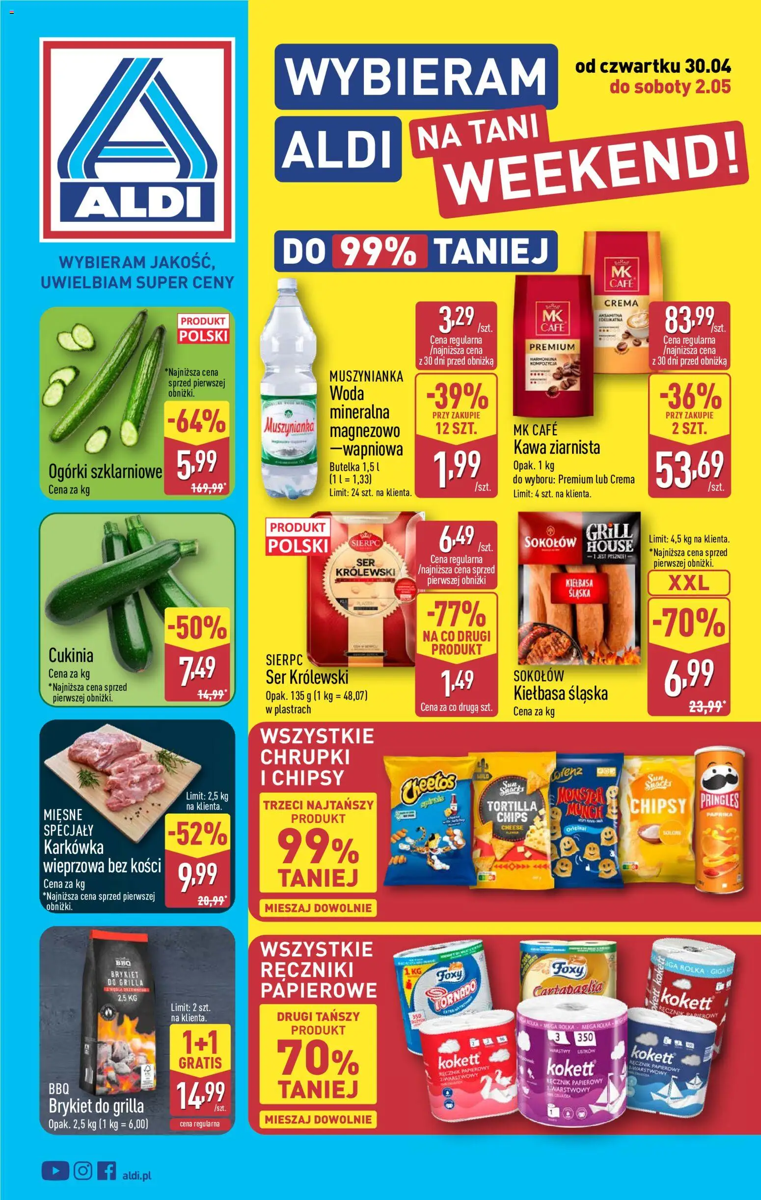 Aldi gazetka - Oferta weekendowa od 30.04.2026 | Strona: 1 | Produkty: Chrupki, Muszynianka, Tortilla, Kawa