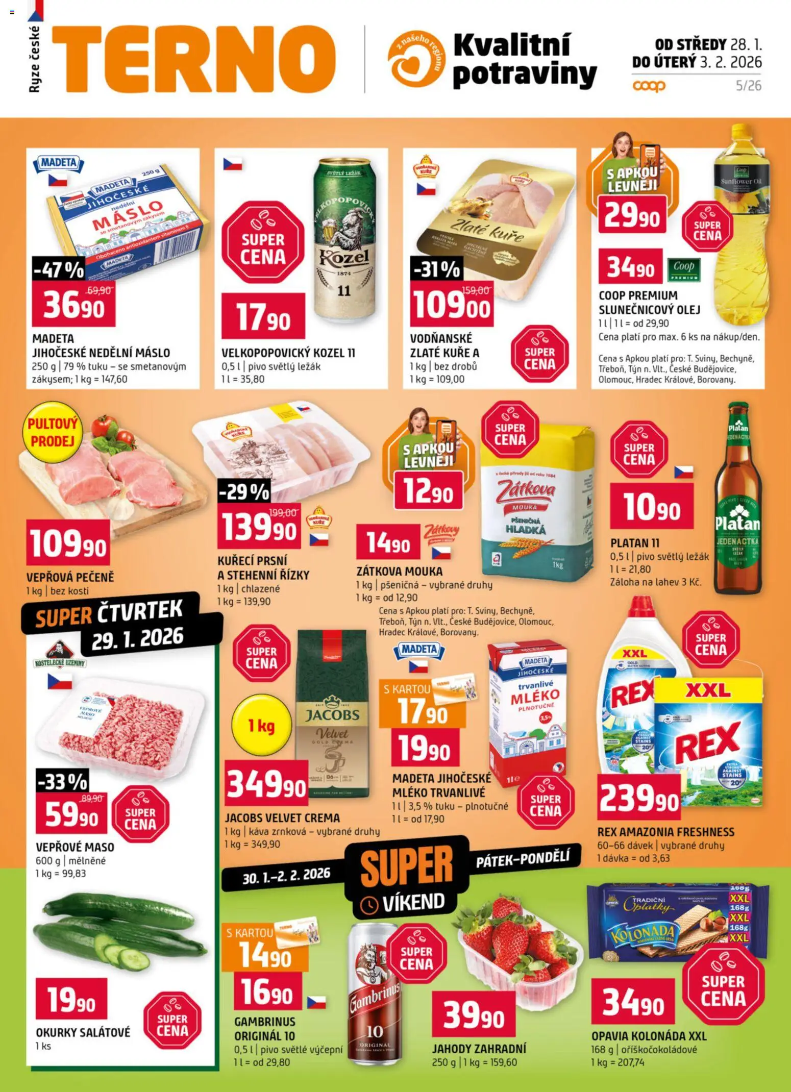 Terno leták - Blatná, Strakonice od 28.01.2026 | Strana: 1 | Produkty: Vepřová pečeně, Jahody, Kozel, Slunečnicový olej