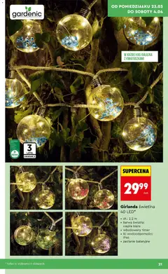 Pogląd oferty "Girlanda świetlna 40 LED*, dł.: 2,2 m, barwa światła: ciepła biała, wbudowany timer, kl. wodoodporności: IP44, zasilanie bateryjne" - ważna od 23.03.2026 | Strona: 21