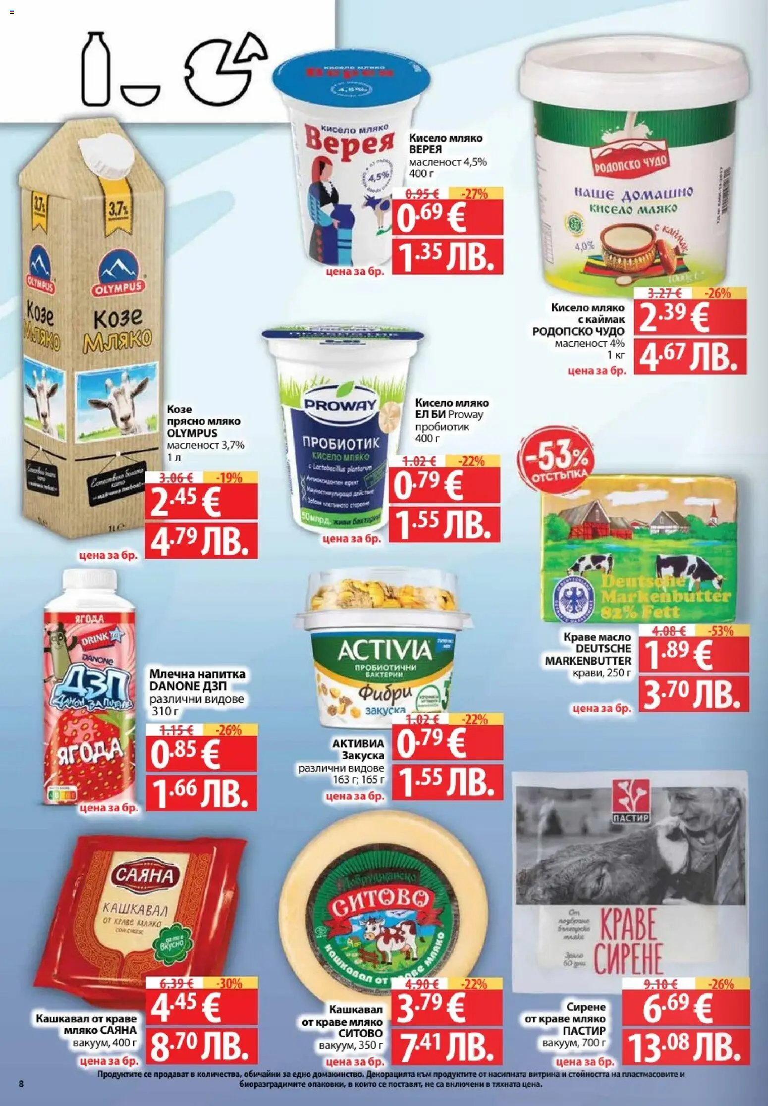 {H1} | Страница: 8 | Продукти: Кисело мляко, Пробиотик, Сирене, Кашкавал