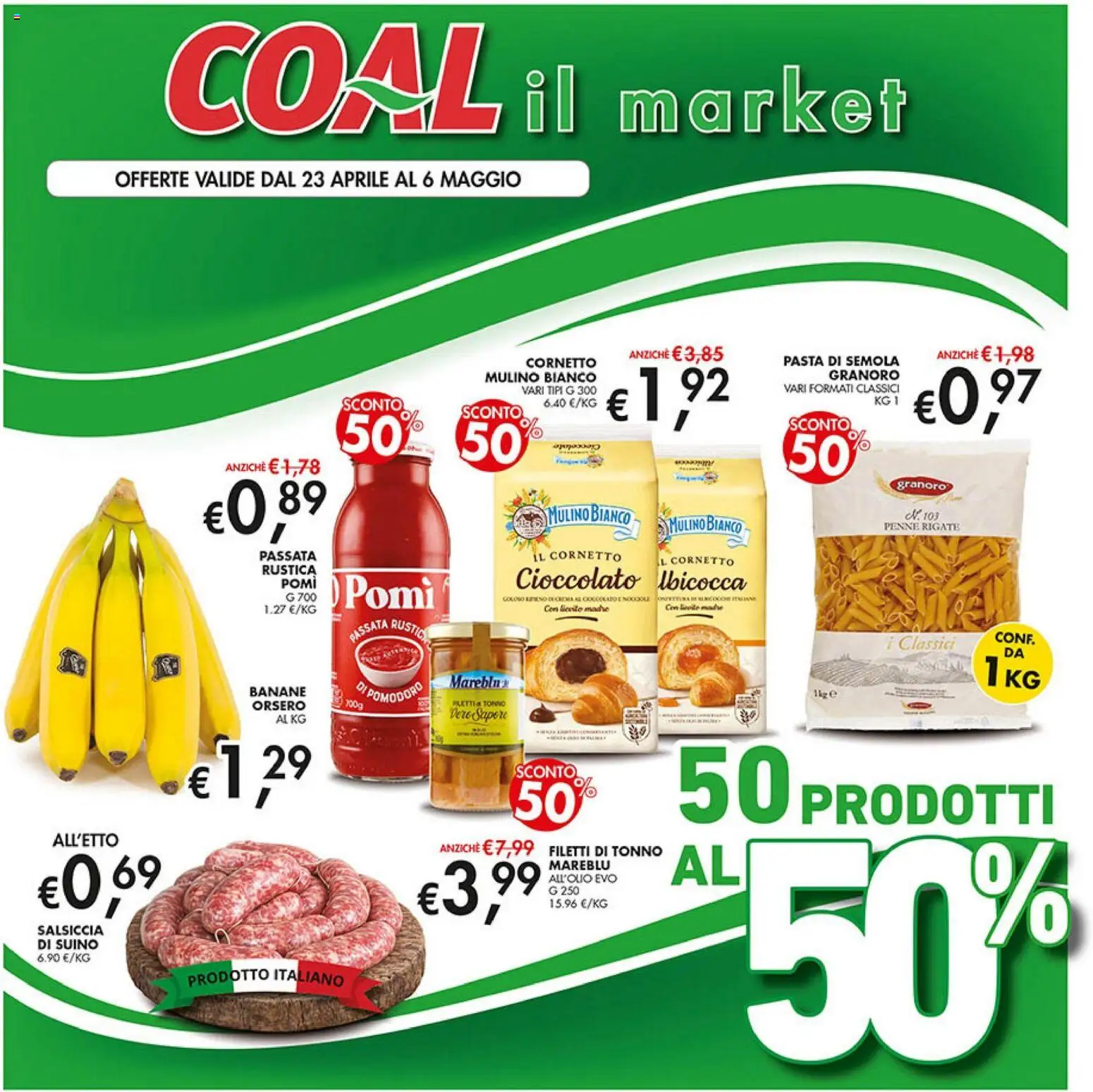 Volantino Coal del 23.04.2026 | Pagina: 1 | Prodotti: Banane, Cornetto, Pomodoro, Penne