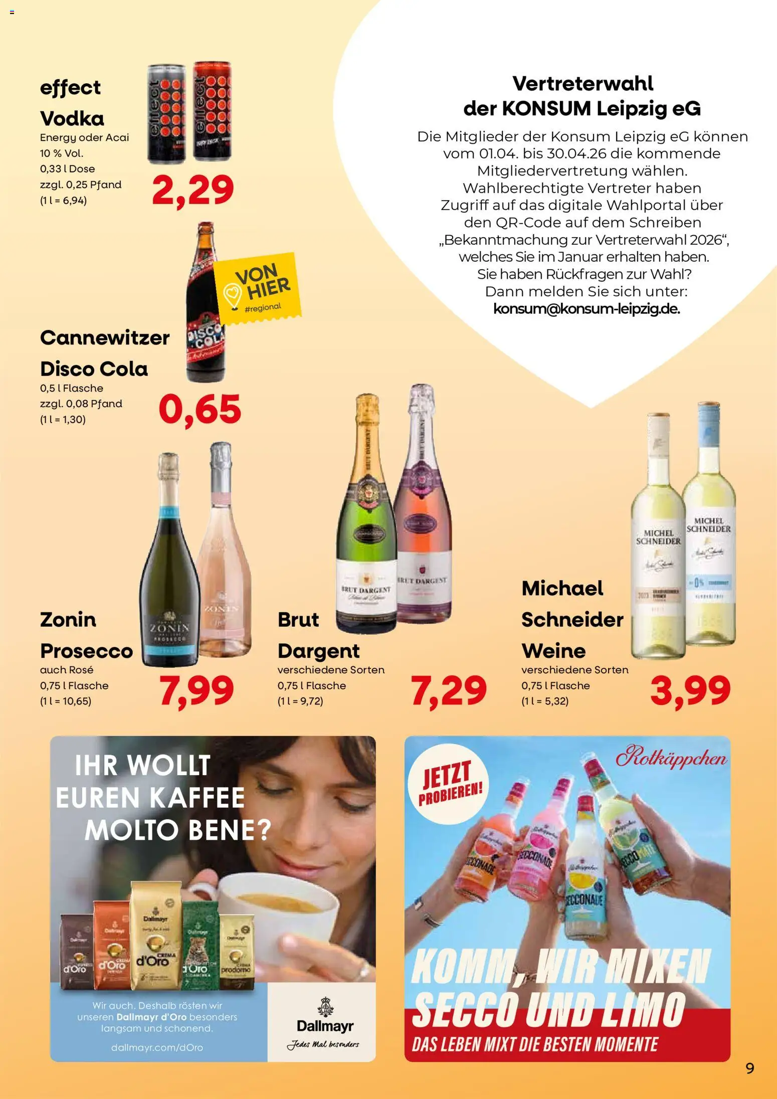 KONSUM Leipzig Kundenjournal – gültig ab 23.03.2026 | Seite: 9 | Produkte: Energy, Prosecco, Dallmayr, Vodka