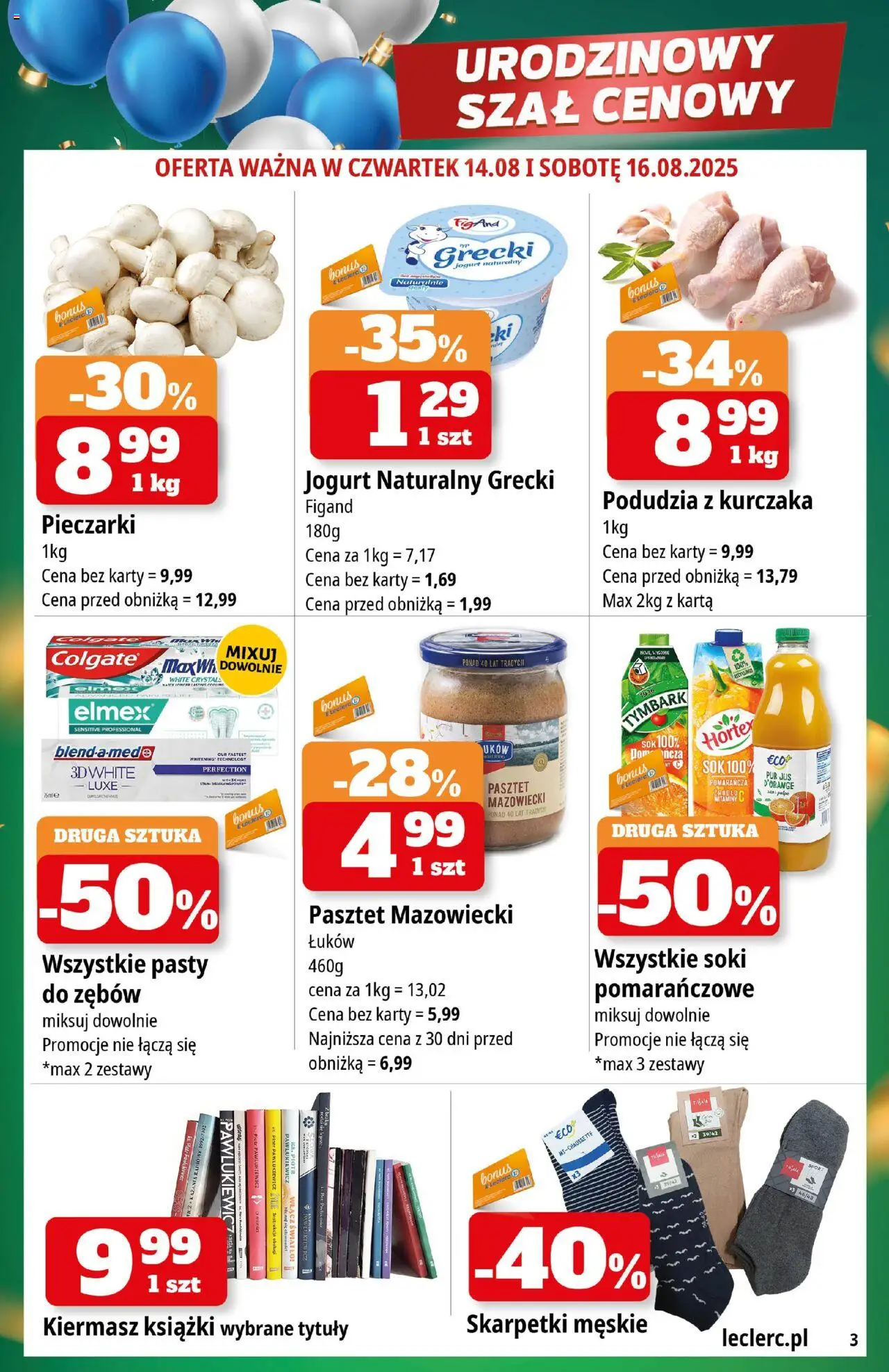E.Leclerc Gazetka - Radom od 11.08.2025 | Strona: 3 | Produkty: Pieczarki, Jogurt naturalny, Książki, Jogurt
