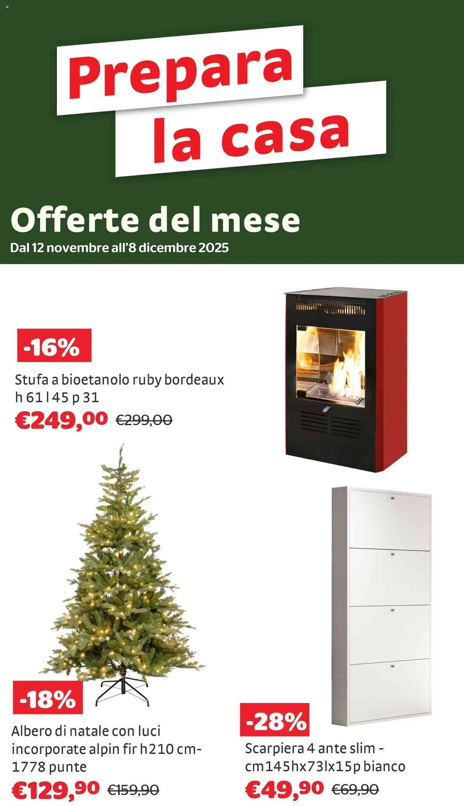 Volantino Brico Center del 04.12.2025 | Pagina: 1 | Prodotti: Albero di natale, Stufa, Scarpiera