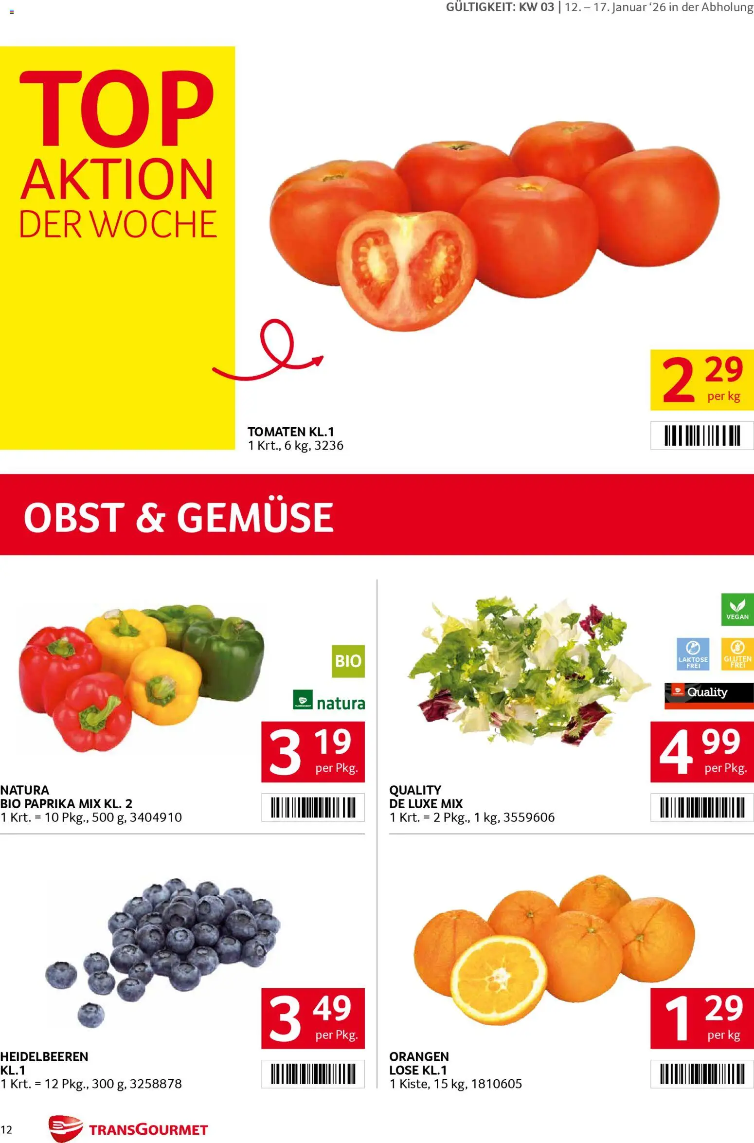 Transgourmet Flugblatt gültig ab 12.01.2026 | Seite: 12 | Produkte: Gemüse, Obst, Orangen, Tomaten