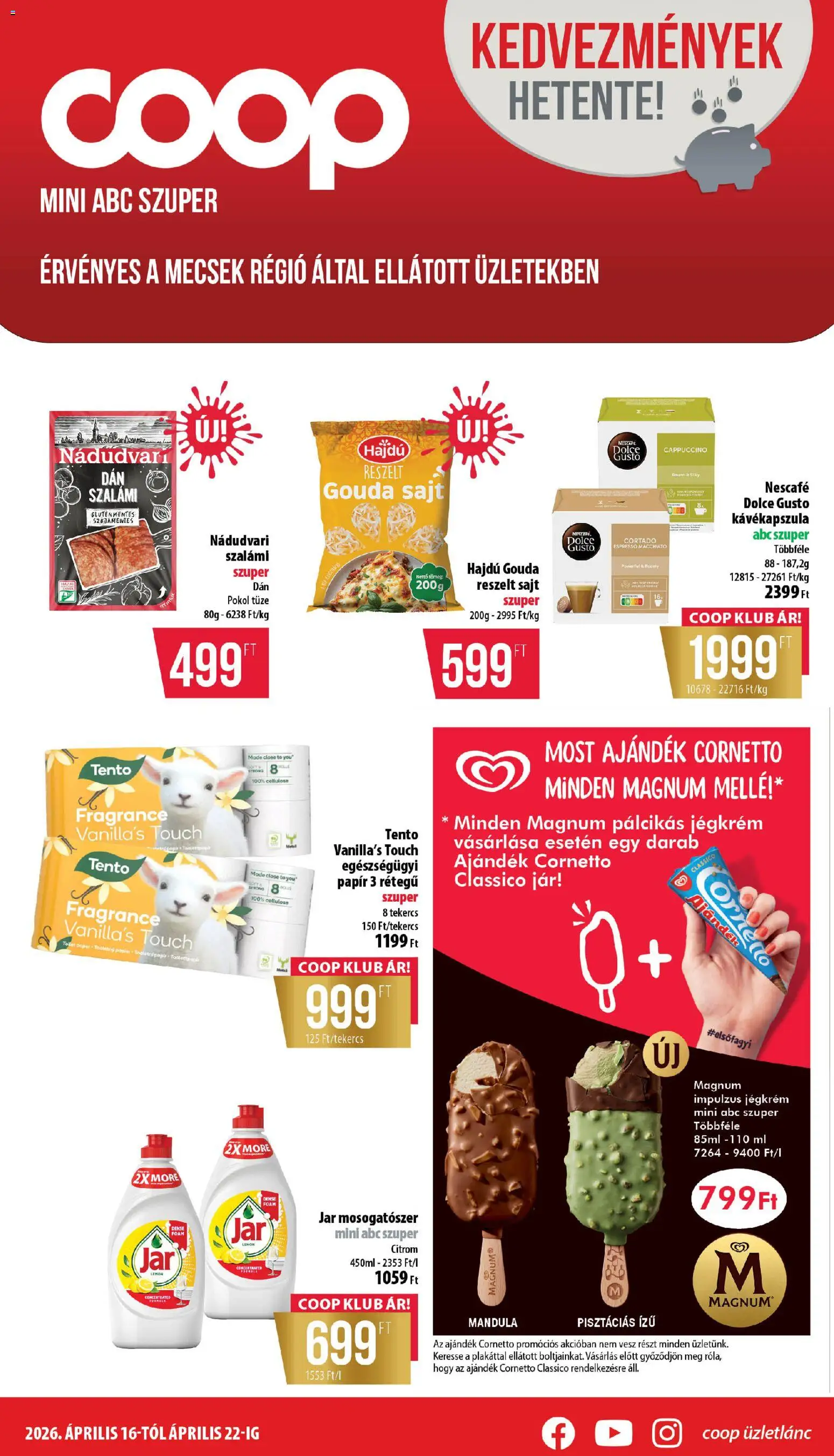 COOP akciós ujság - amely érvényes a következő dátumtól: 16.04.2026 | Oldal: 1 | Termékek: Jar mosogatószer, Reszelt sajt, Gluténmentes, Jégkrém