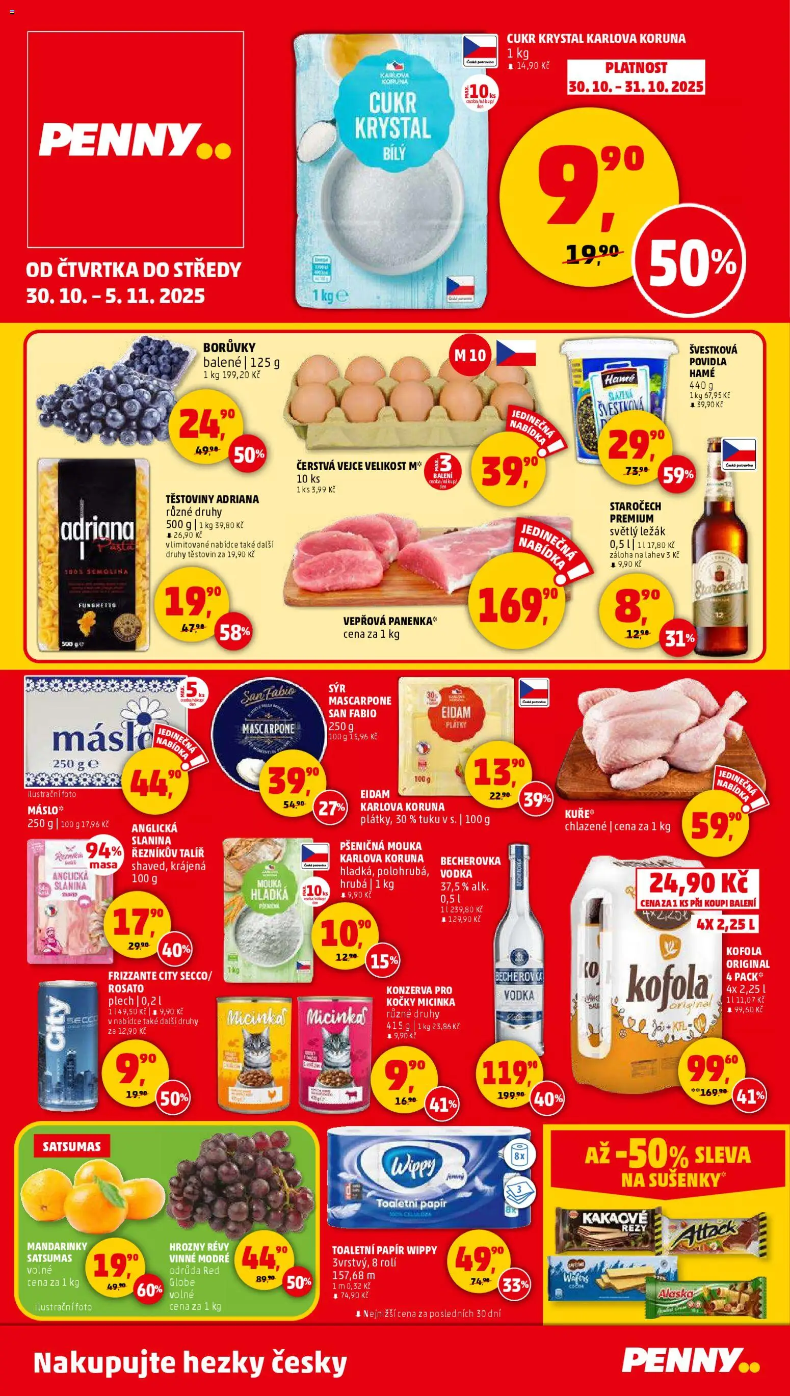 Penny Market leták - Čtvrtečník od 30.10.2025 | Strana: 1 | Produkty: Mandarinky, Plech, Cukr, Hrozny