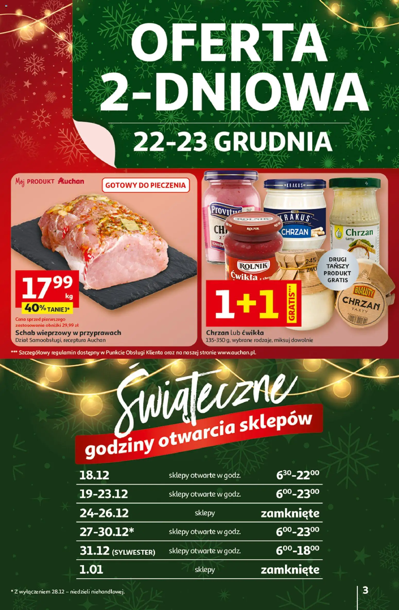 Auchan Gazetka - Święta jak babcię kocham Hipermarket od 18.12.2025 | Strona: 3 | Produkty: Schab, Schab wieprzowy, Chrzan