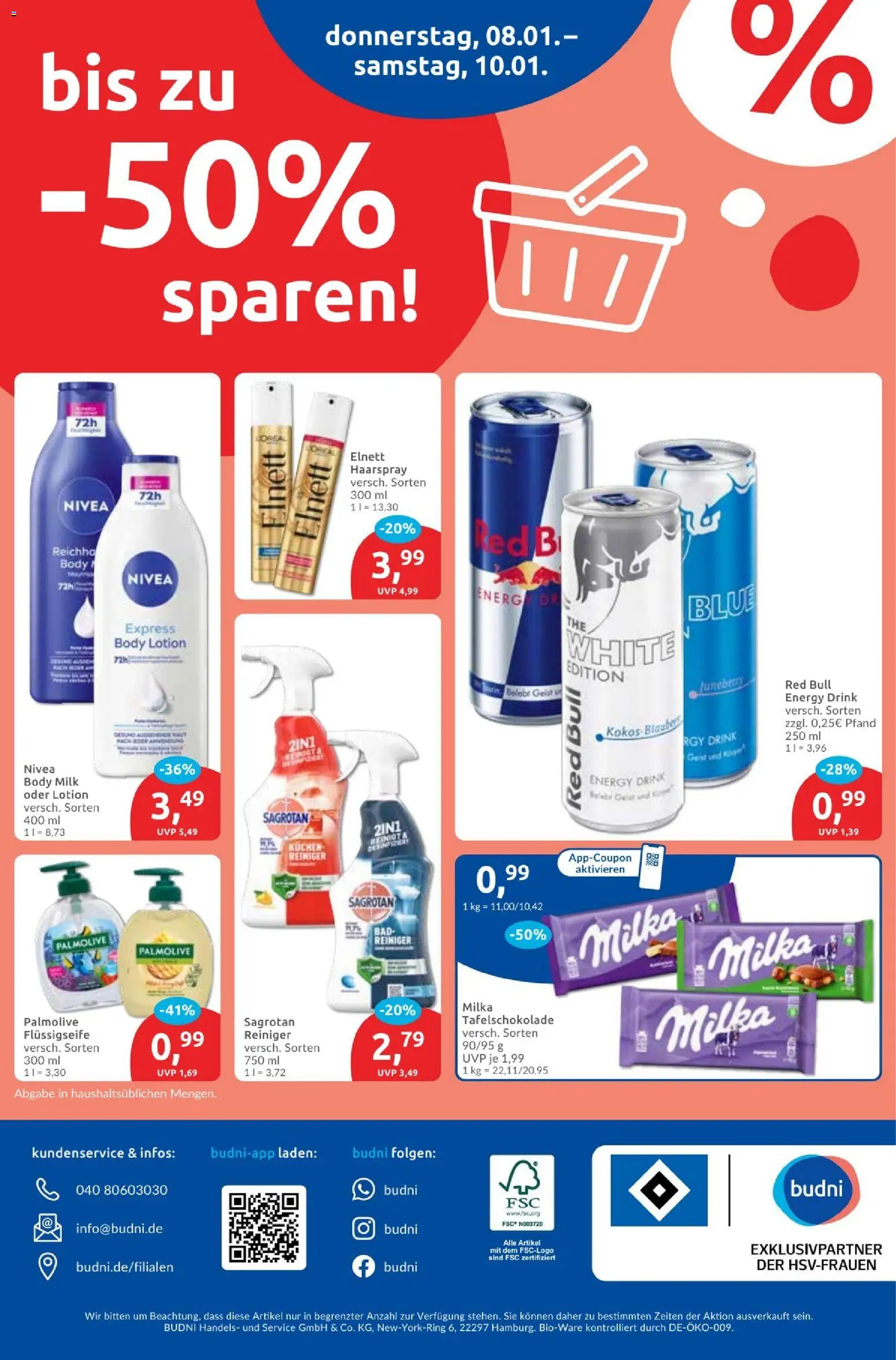 Budni Prospekt – gültig ab 06.01.2026 | Seite: 8 | Produkte: Red bull, Bad, Milka, Kuchen