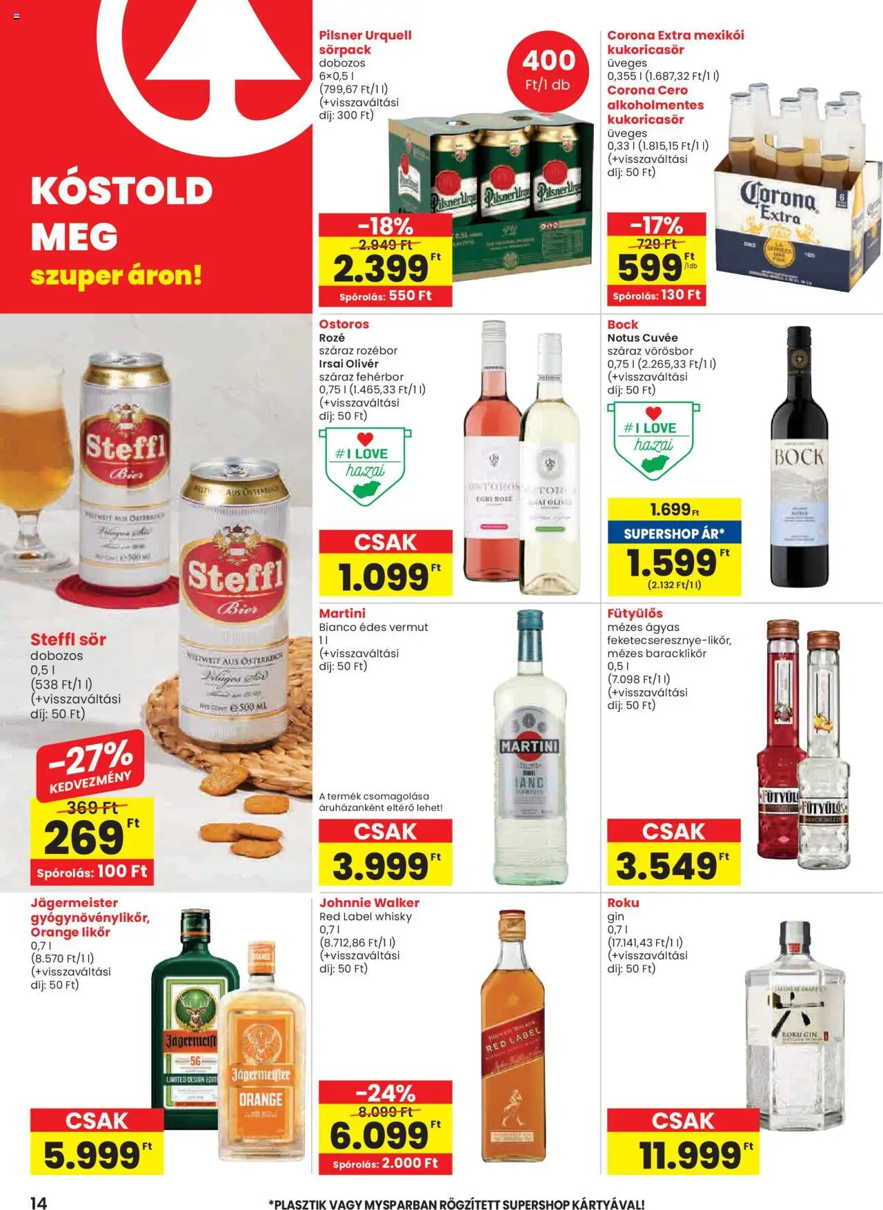 Spar akciós ujság - amely érvényes a következő dátumtól: 24.10.2025 | Oldal: 14 | Termékek: Jägermeister, Pilsner urquell, Steffl, Fehérbor