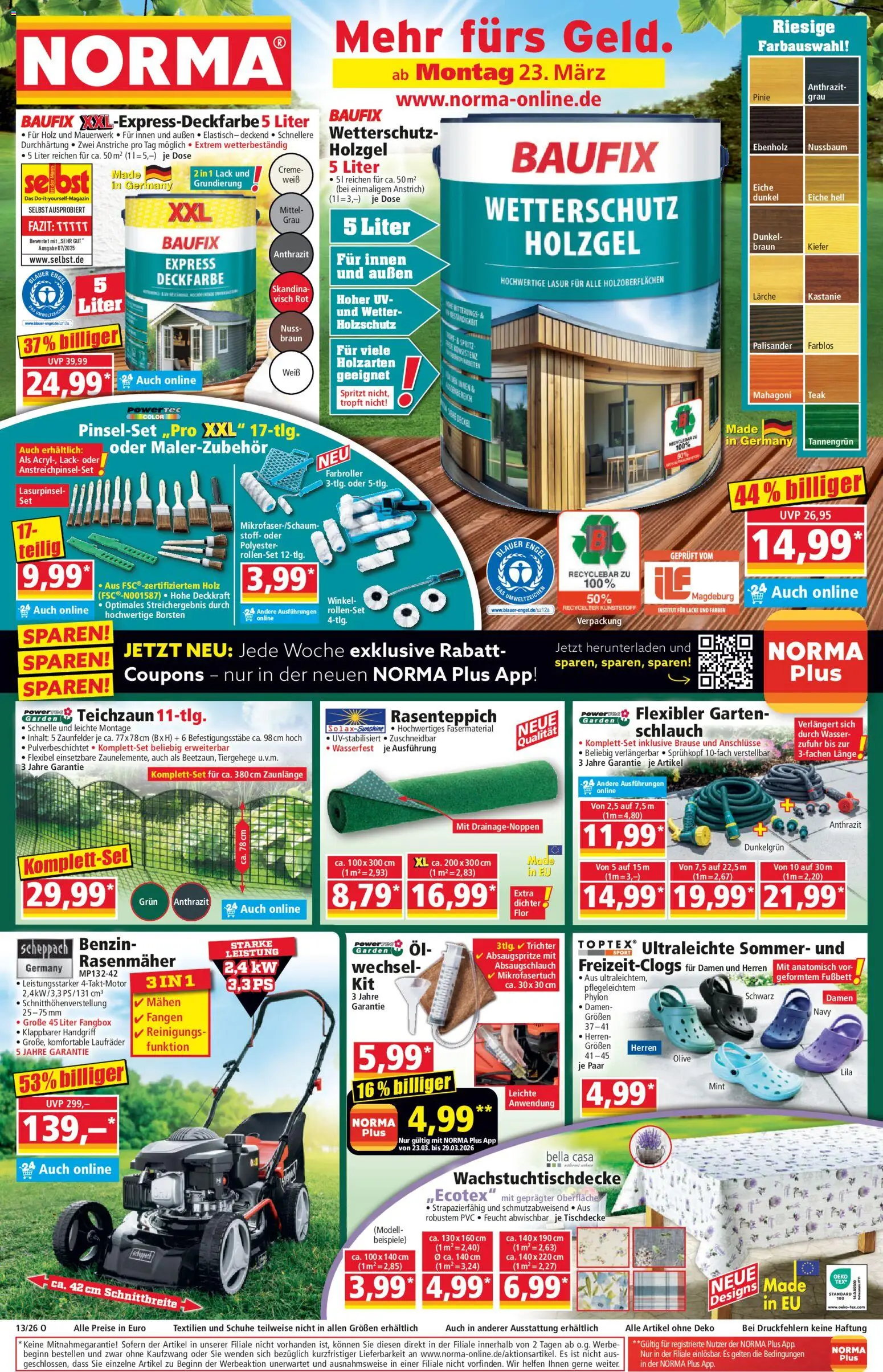 Norma Prospekt 	 – gültig ab 23.03.2026 | Seite: 1 | Produkte: Rasenmäher, Öl, Creme, Wasser