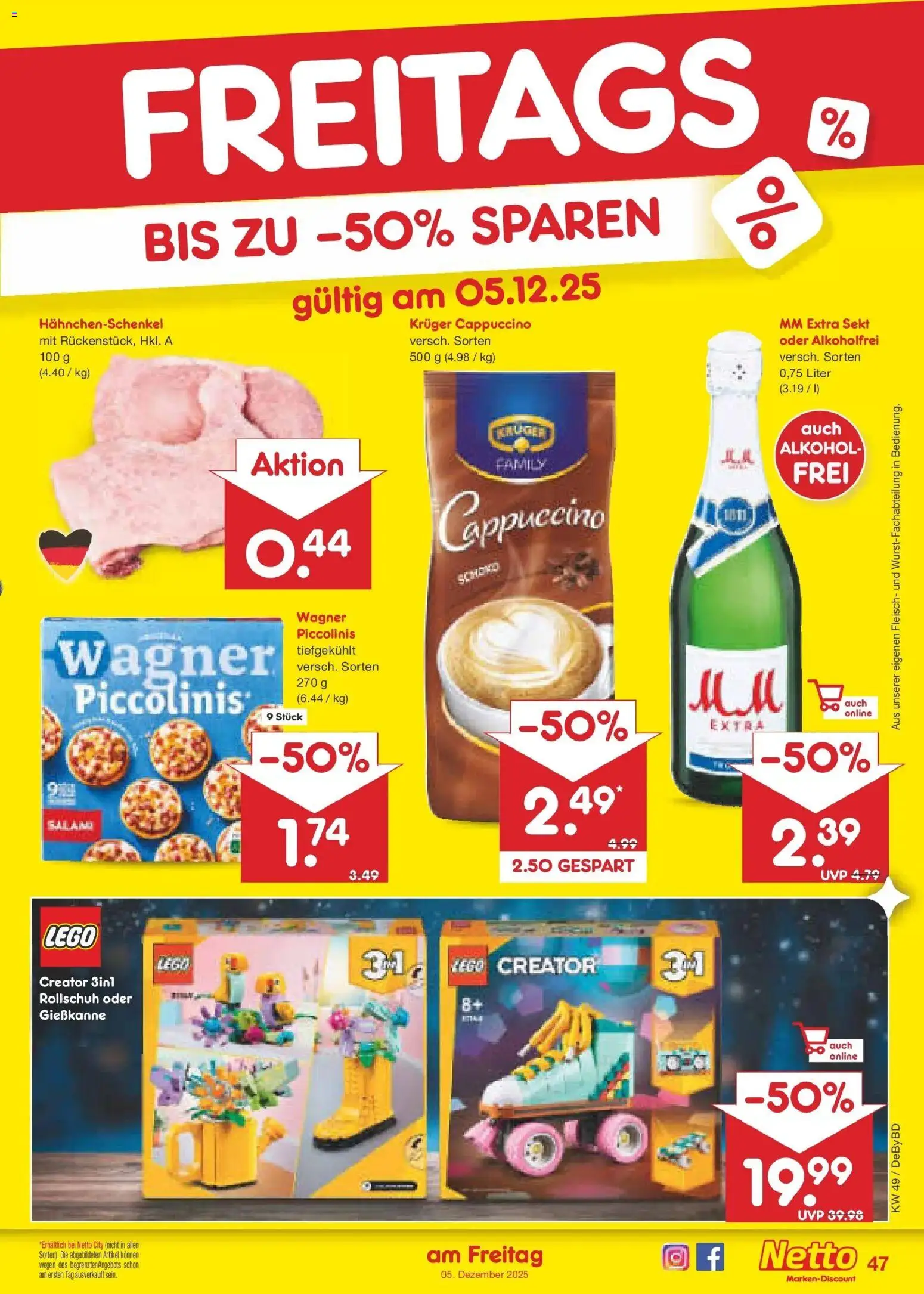 Netto Marken-Discount prospekt Buttenwiesen	 – gültig ab 01.12.2025 | Seite: 50 | Produkte: Hahnchenschenkel, Piccolinis, Kruger cappuccino, Fleisch