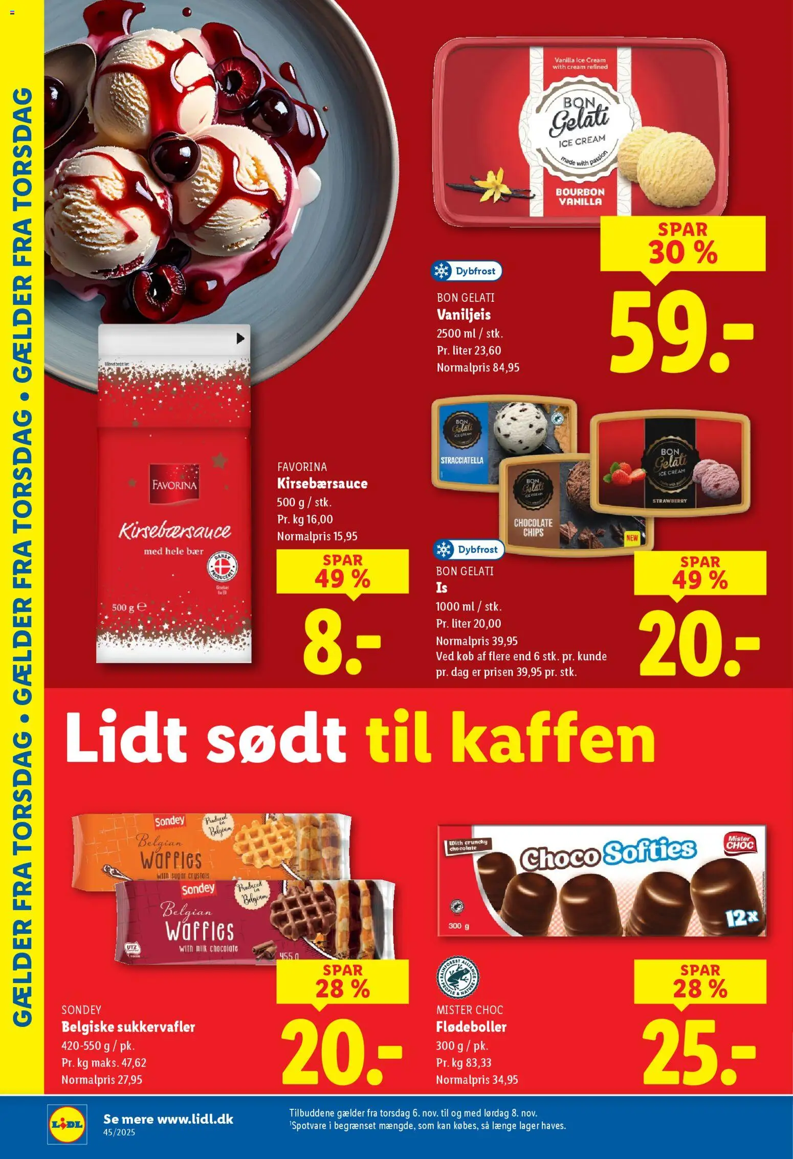 Lidl tilbudsavis – gyldig fra 06.11.2025 | Side: 4 | Produkter: Bourbon, Chips, Kirsebærsauce, Flødeboller
