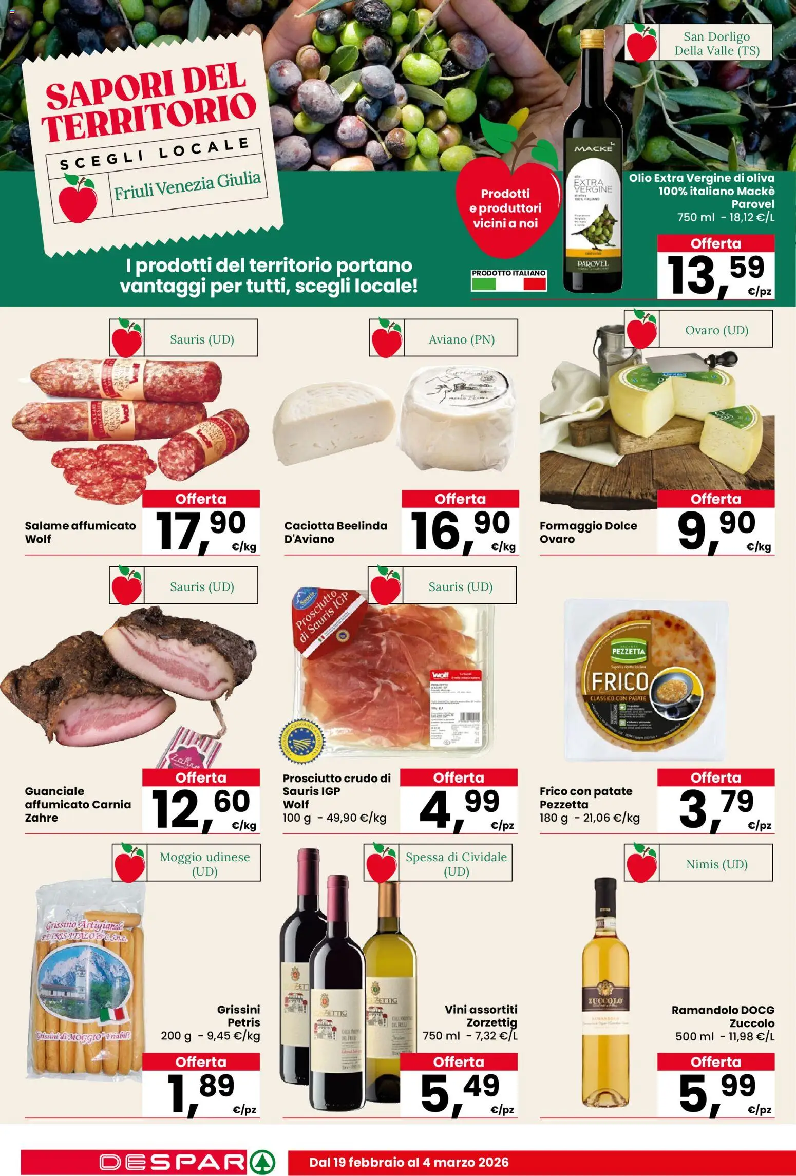 Volantino Despar del 19.02.2026 | Pagina: 6 | Prodotti: Patate, Formaggio, Olio, Olio extra vergine