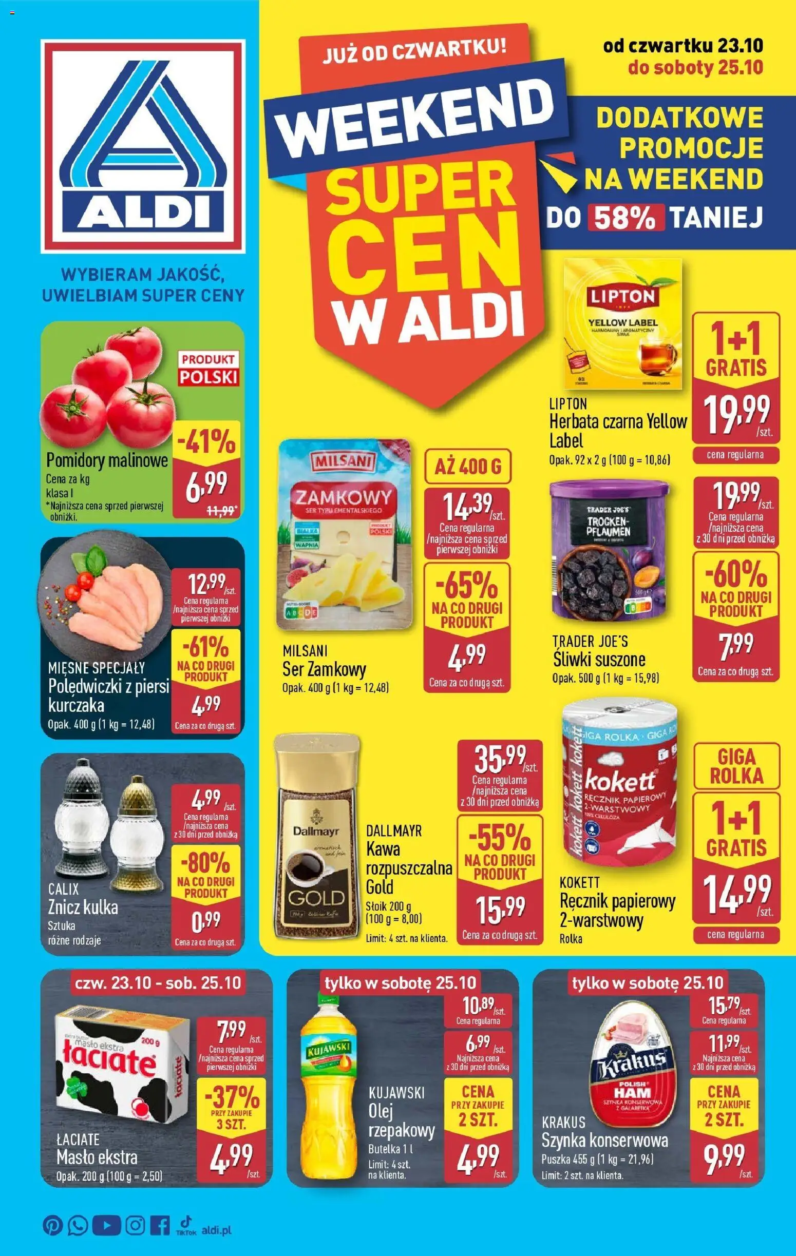Aldi - Dodatkowe promocje na weekend w ALDI od 22.10.2025 | Strona: 1 | Produkty: Galaretka, Piersi, Śliwki, Kawa