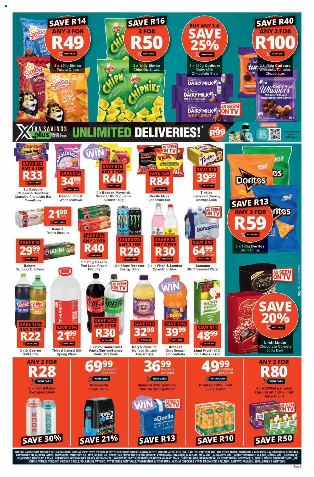 New Checkers catalogue – valid from 20.10.2025 | Page: 9 | Products: Cake, TV, Water, Sugar