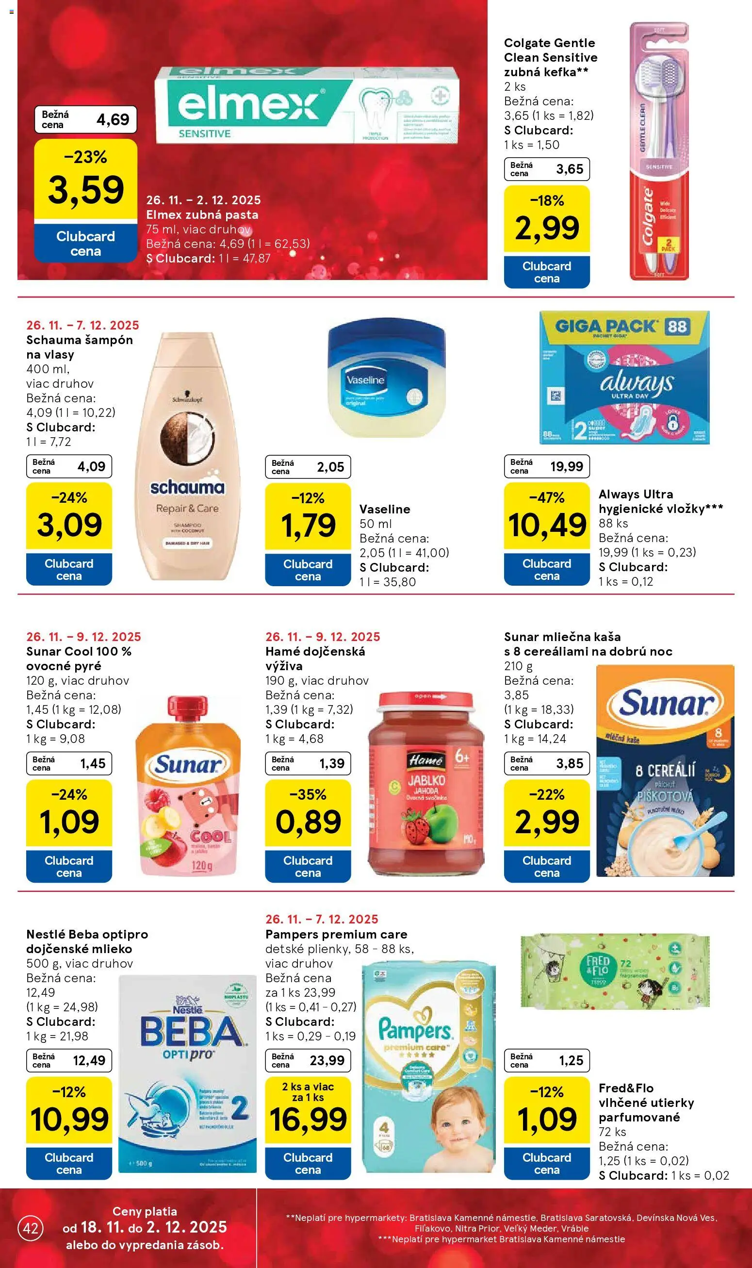 Nové Tesco akcie – leták je platný od 26.11.2025 | Strana: 42 | Produkty: Zubná kefka, Sunar, Zubná pasta