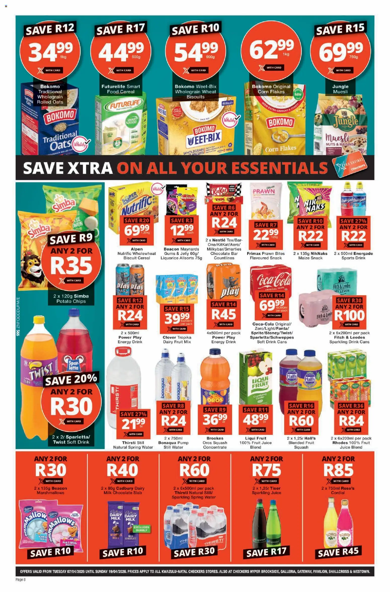 New Checkers catalogue – valid from 07.04.2026 | Page: 8 | Products: Biscuits, Chocolate, Juice, Nuts