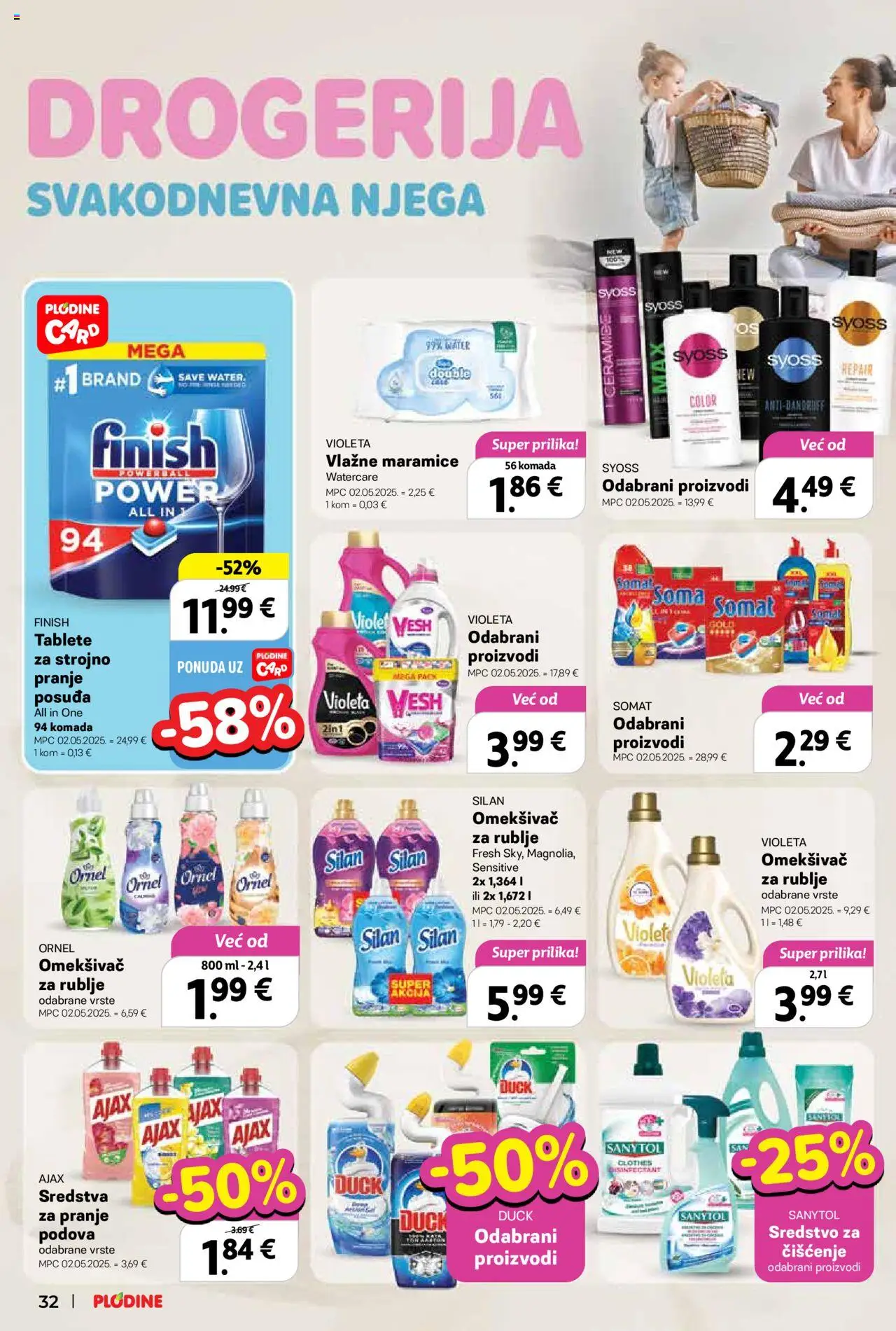 Plodine katalog | vrijedi od 25.06.2025 | Stranica: 32 | Proizvodi: Vlažne maramice, Somat, Violeta, Ajax