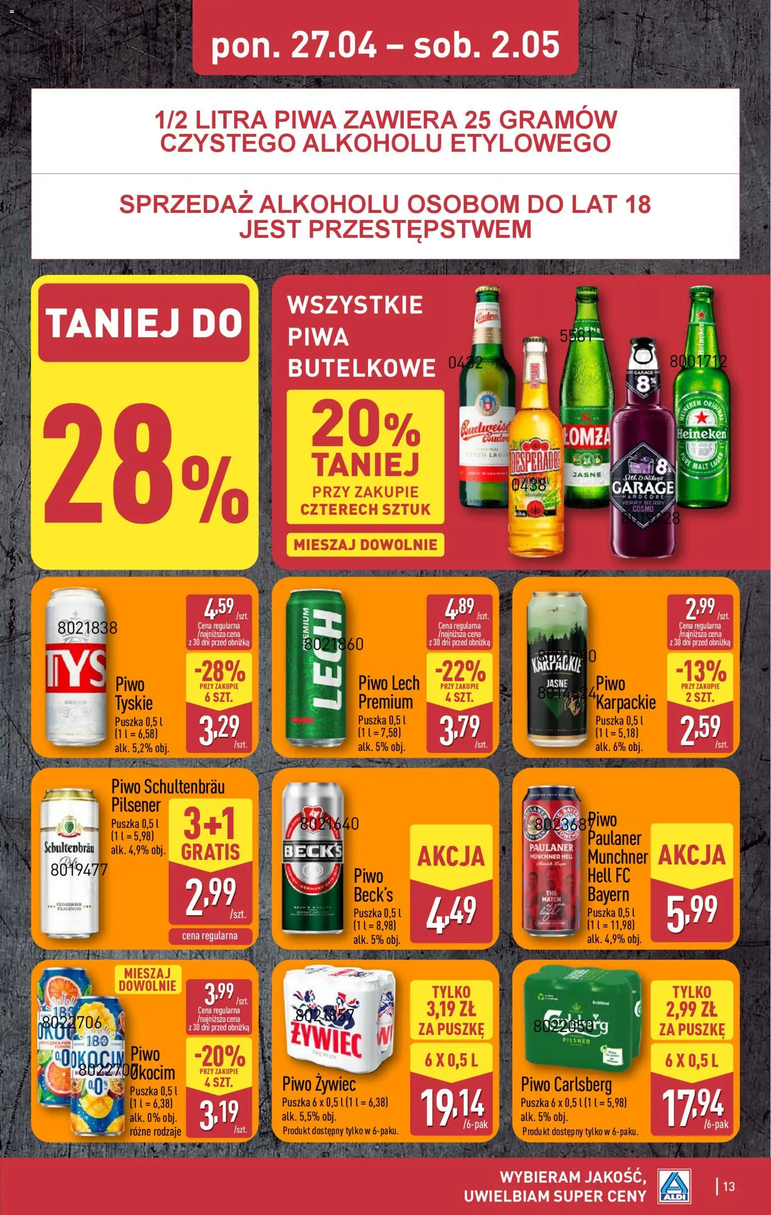 Aldi gazetka od 27.04.2026 | Strona: 13 | Produkty: Tyskie, Piwo Carlsberg, Piwo, Heineken