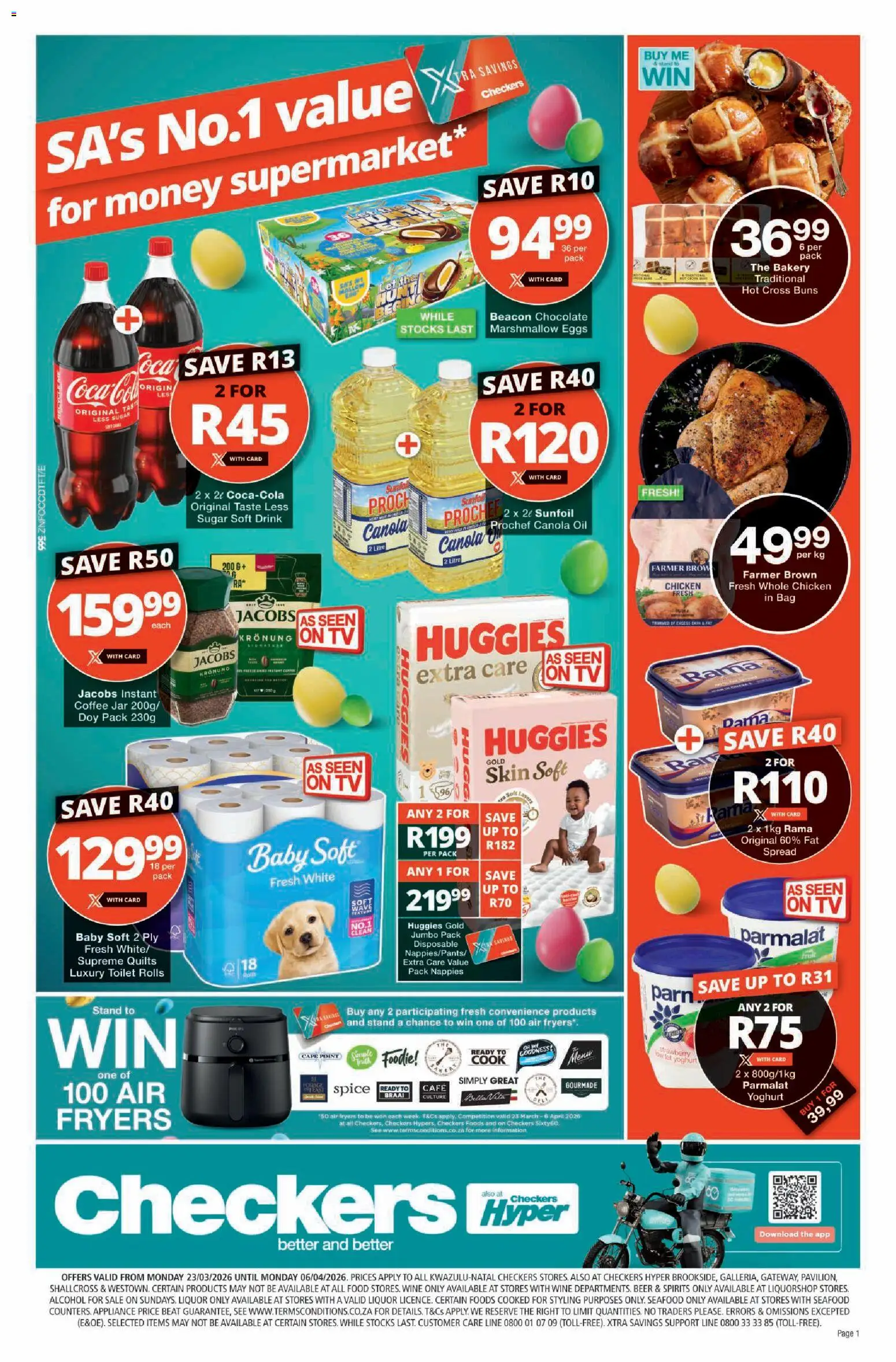 New Checkers catalogue – valid from 23.03.2026 | Page: 1 | Products: Yoghurt, Toilet, Oil, Estuche organizador de viaje