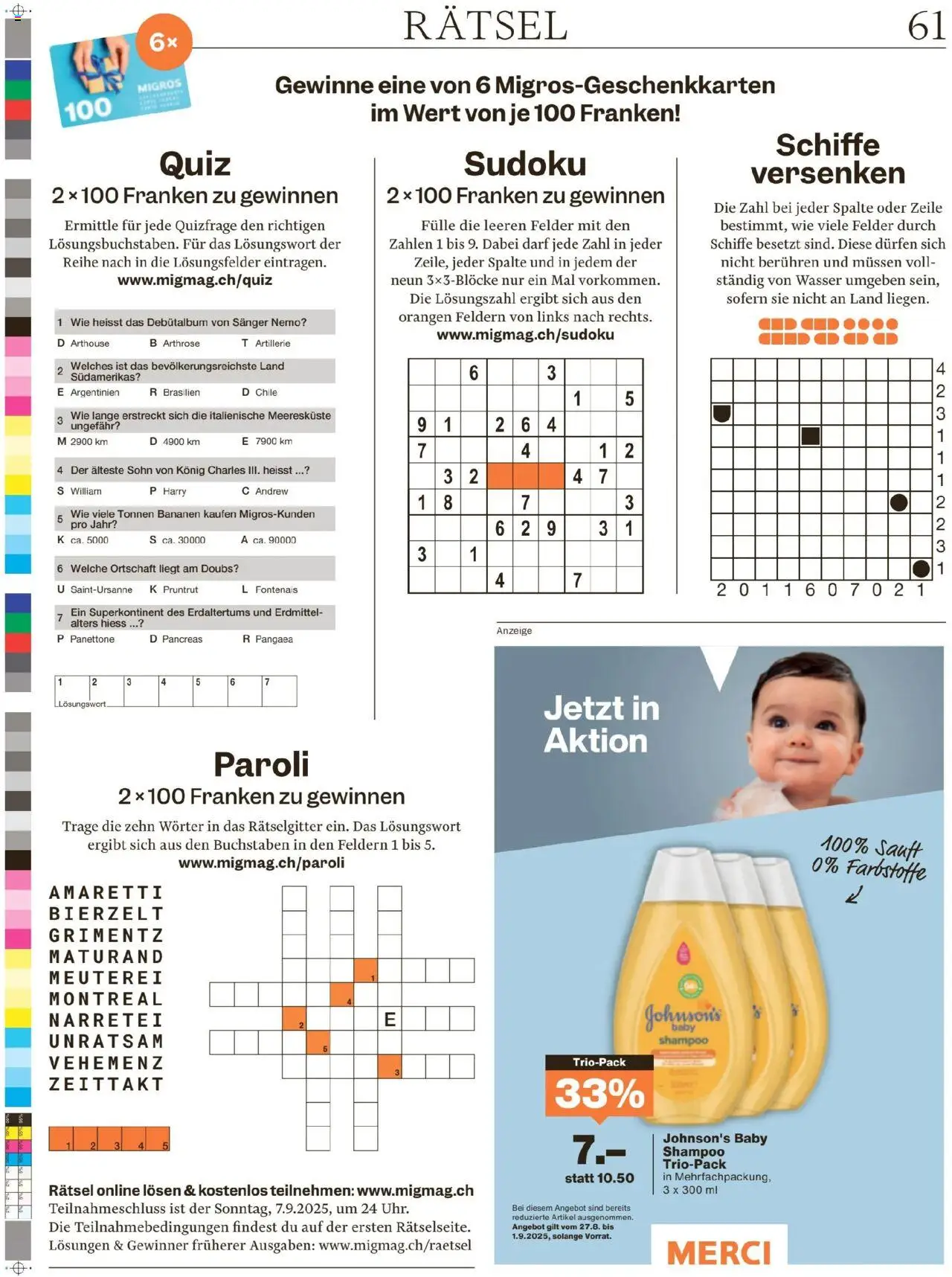 Migros - Magazin ab 25.08.2025 | Seite: 61 | Produkte: Shampoo, Orangen, Bananen, Wasser