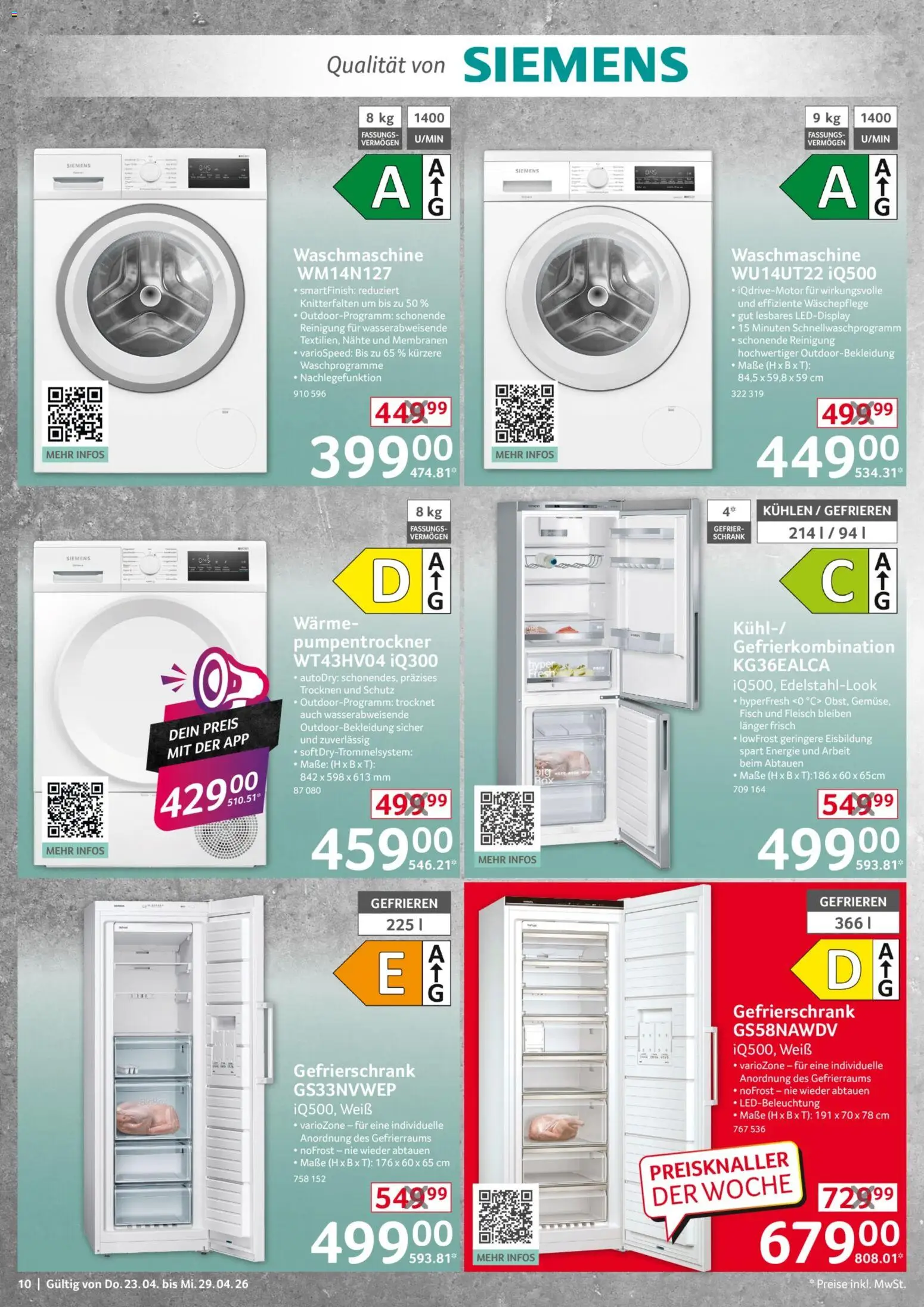 Selgros Non Food – gültig ab 23.04.2026 | Seite: 10 | Produkte: Siemens, Schrank, Waschmaschine, Fleisch