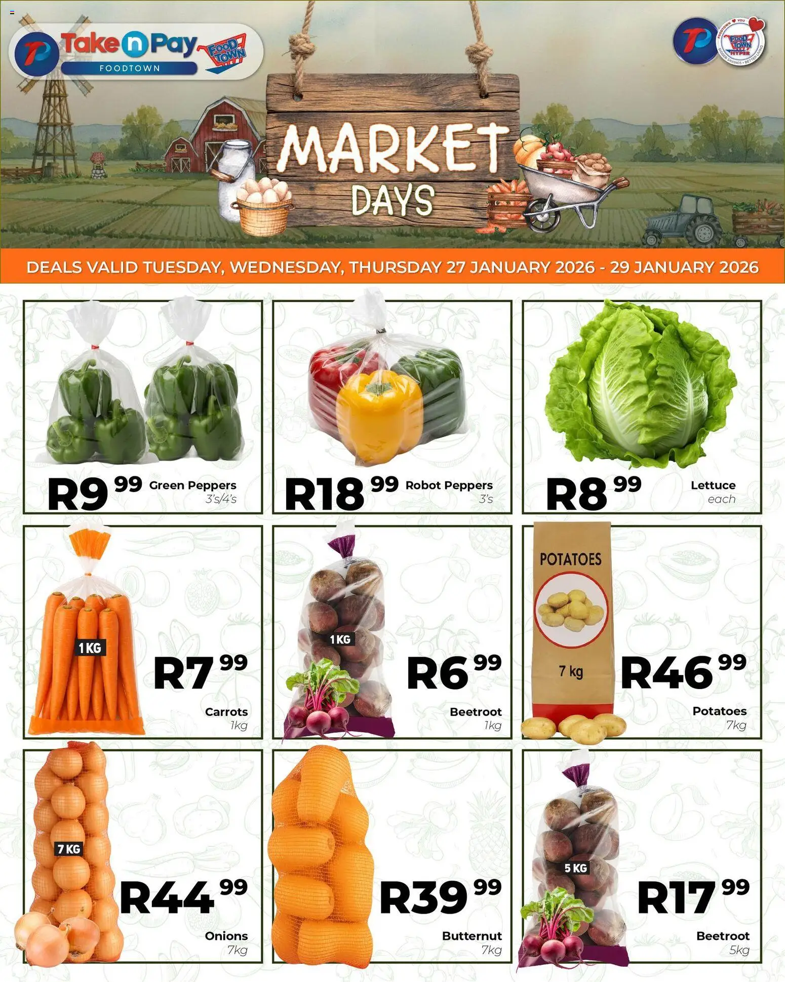 New Take n Pay catalogue – valid from 27.01.2026 | Page: 2 | Products: Carrots, Potatoes, Onions, Lettuce