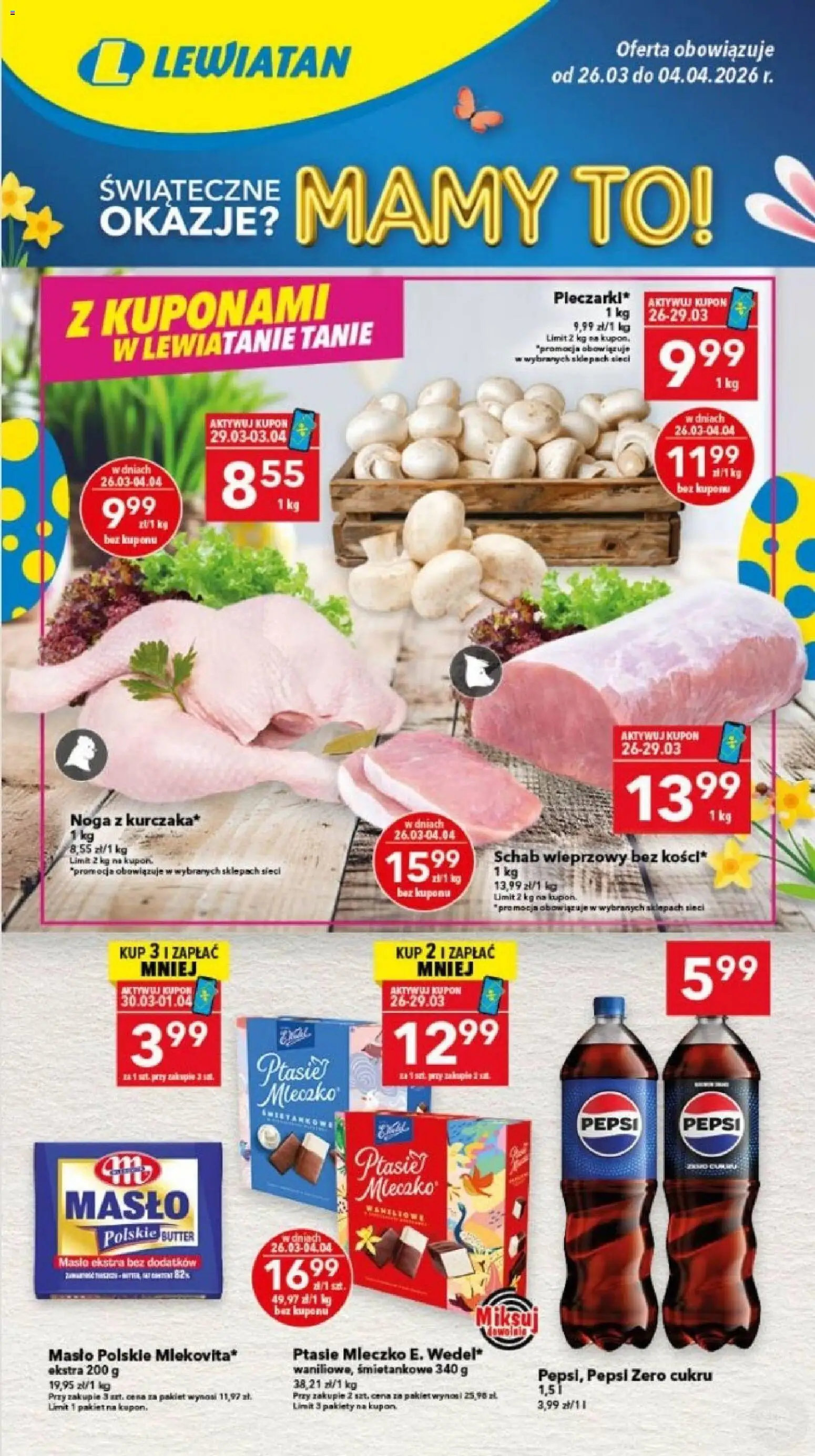 Lewiatan gazetka - Bydgoszcz od 26.03.2026 | Strona: 1 | Produkty: Masło Polskie, Schab, Pepsi, Masło