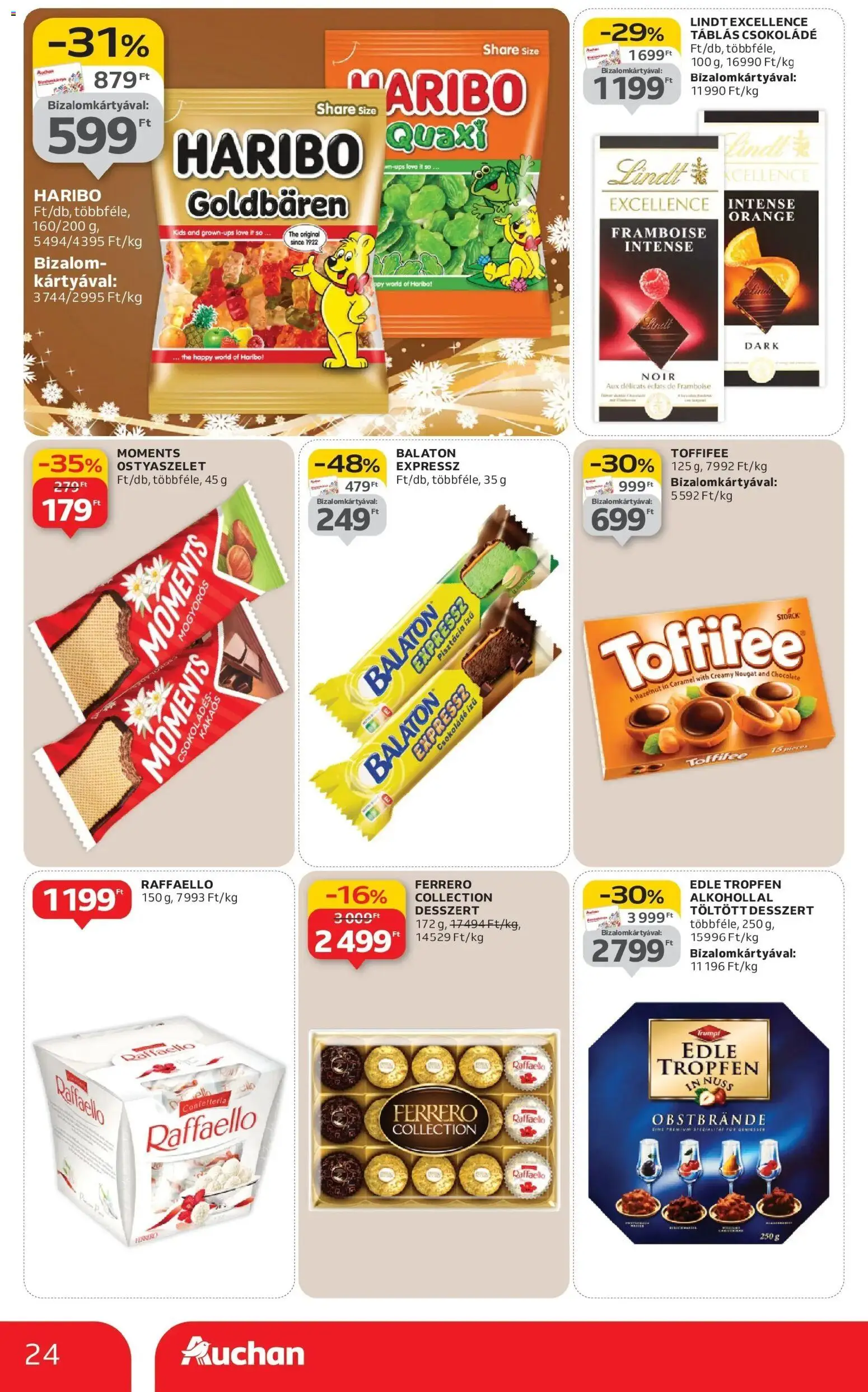 Auchan akciós ujság - amely érvényes a következő dátumtól: 18.12.2025 | Oldal: 24 | Termékek: Raffaello, Pisztácia, Ostyaszelet, Toffifee