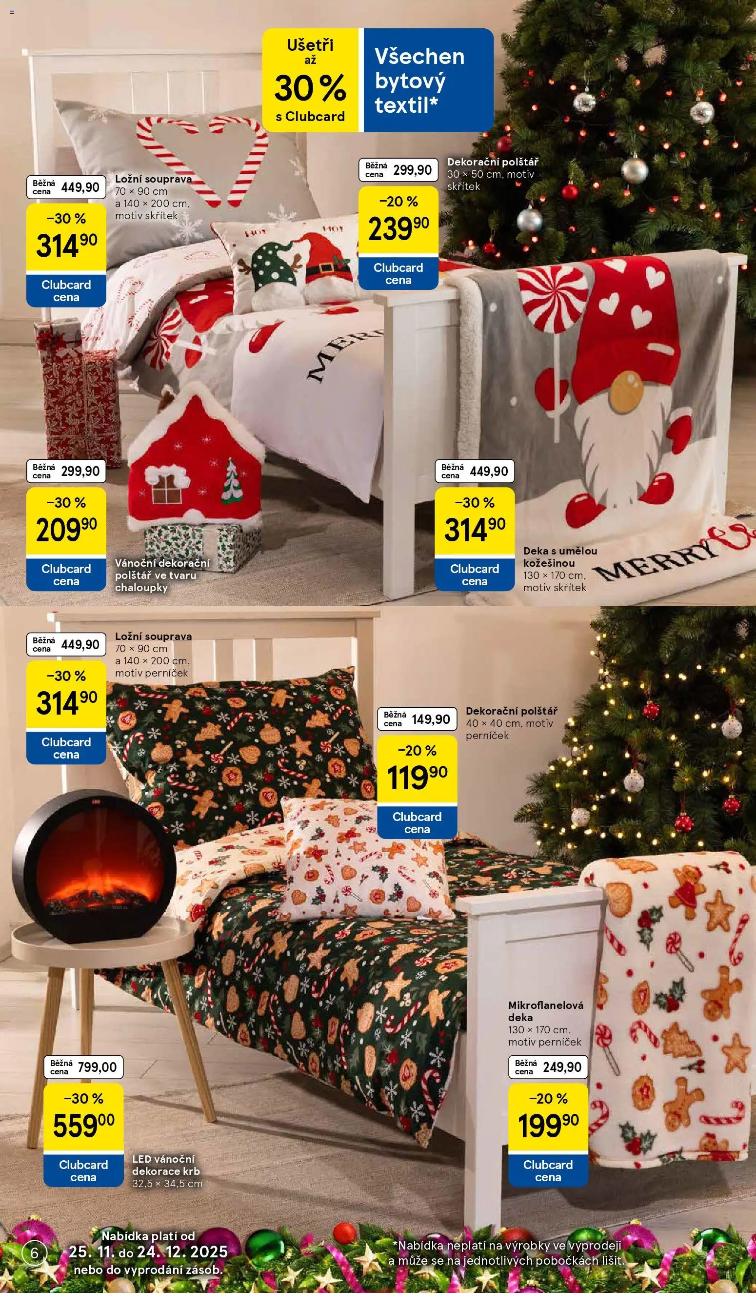 Tesco katalog od 25.11.2025 | Strana: 6 | Produkty: Deka, Polštář, Vánoční dekorace, LED