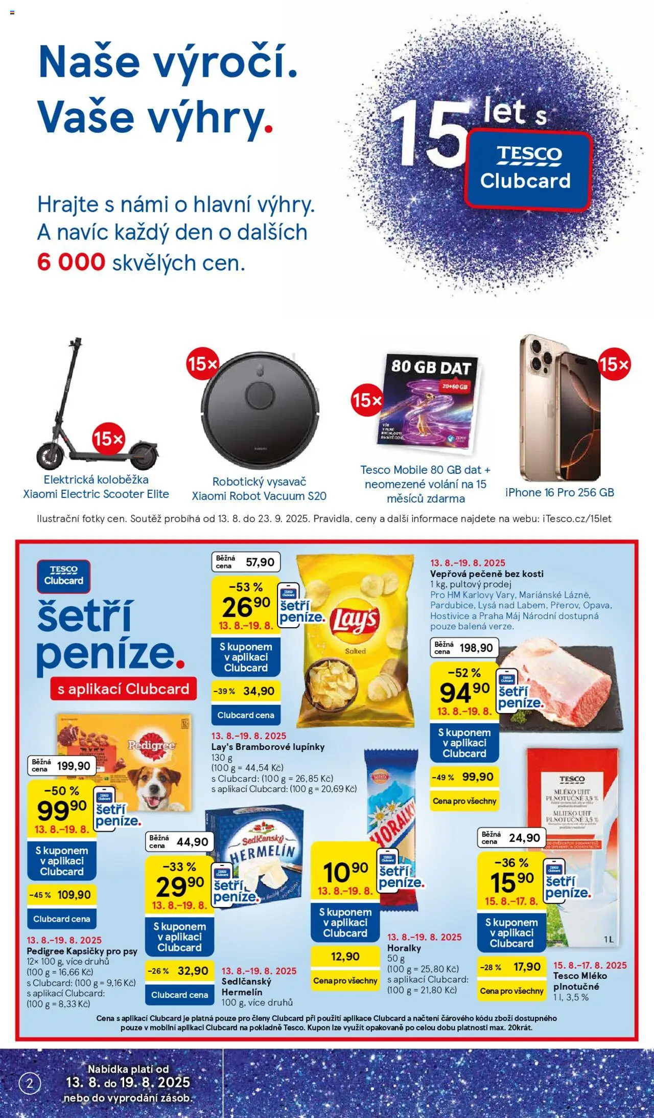 Tesco leták - Hypermarket od 13.08.2025 | Strana: 2 | Produkty: Koloběžka, Mléko, Pedigree kapsičky, Lay's