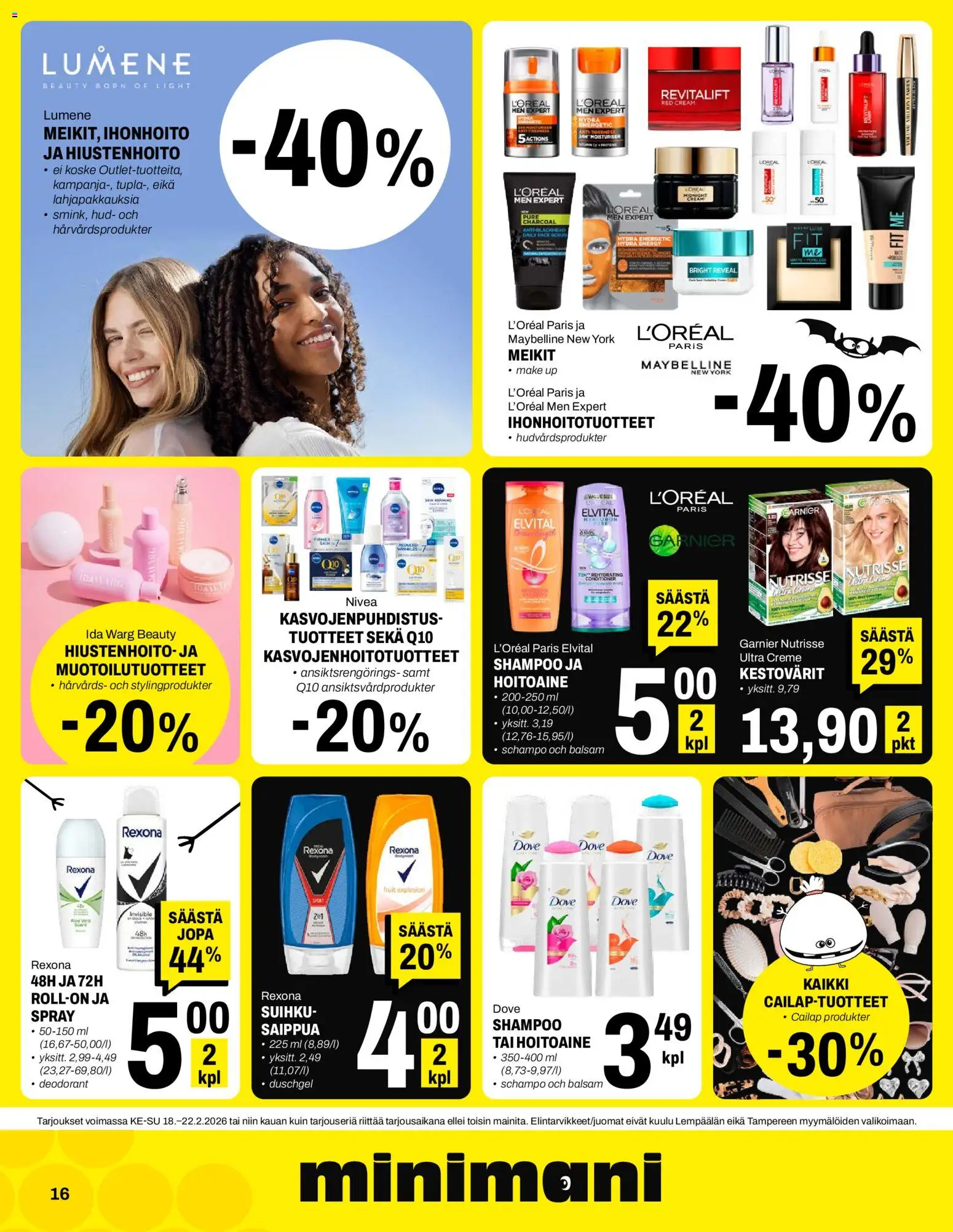 Minimani tarjoukset – voimassa 18.02.2026 alkaen | Sivu: 16 | Tuotteet: Shampoo, Hoitoaine, Saippua, Suihku