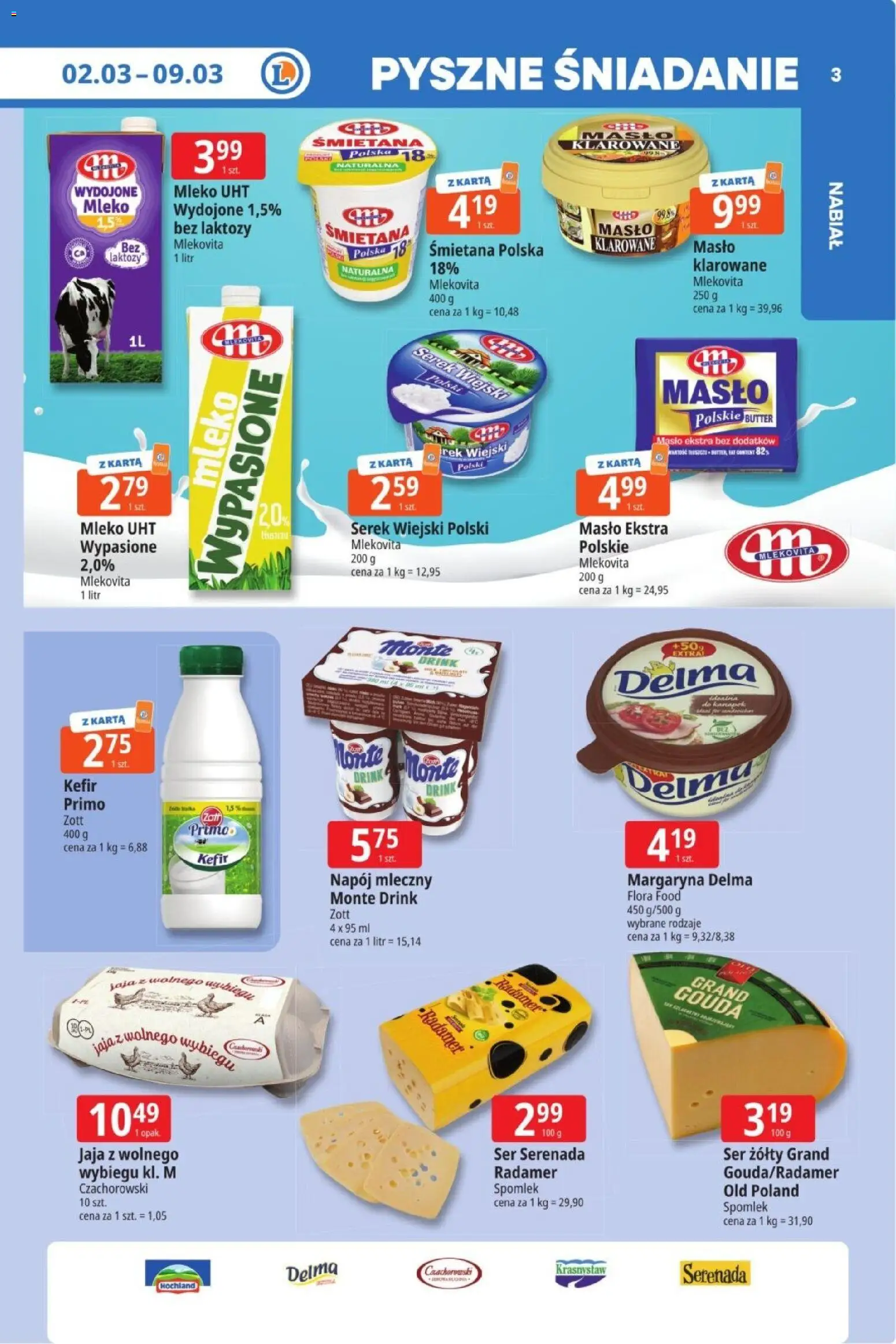 E.Leclerc Gazetka  od 02.03.2026 | Strona: 3 | Produkty: Kefir, Serek, Margaryna, Masło mlekovita