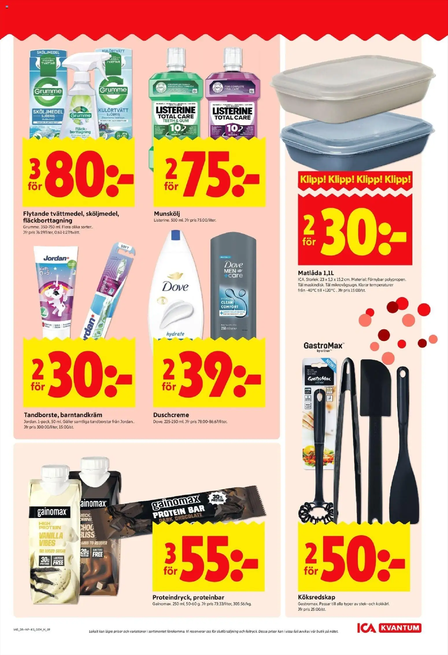 ICA Kvantum reklamblad aktuell från 03.11.2025 | Sida: 9 | Produkter: Sköljmedel, Galler, Proteinbar, Matlåda