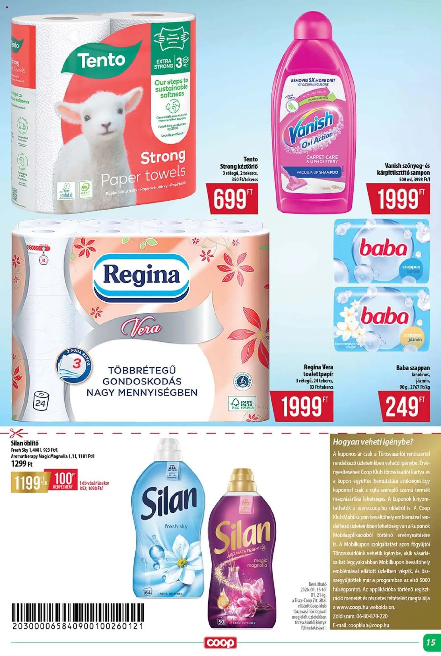 COOP akciós ujság - amely érvényes a következő dátumtól: 15.01.2026 | Oldal: 15 | Termékek: Baba szappan, Öblítő, Sampon, Szappan