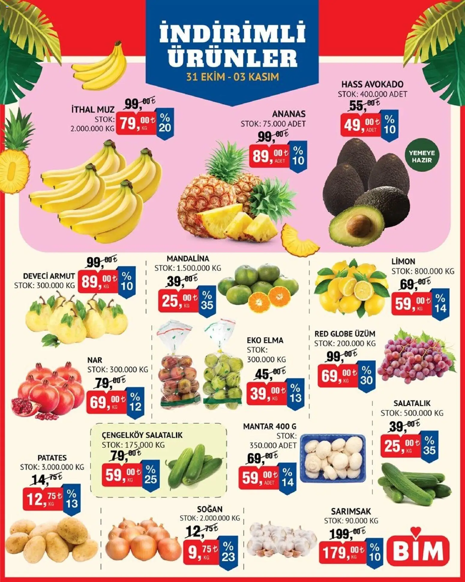 BİM Meyve Sebze - 31.10.2025 tarihinden itibaren geçerlidir | Sayfa: 1 | Ürünler: Muz, Ananas, Üzüm, Mantar