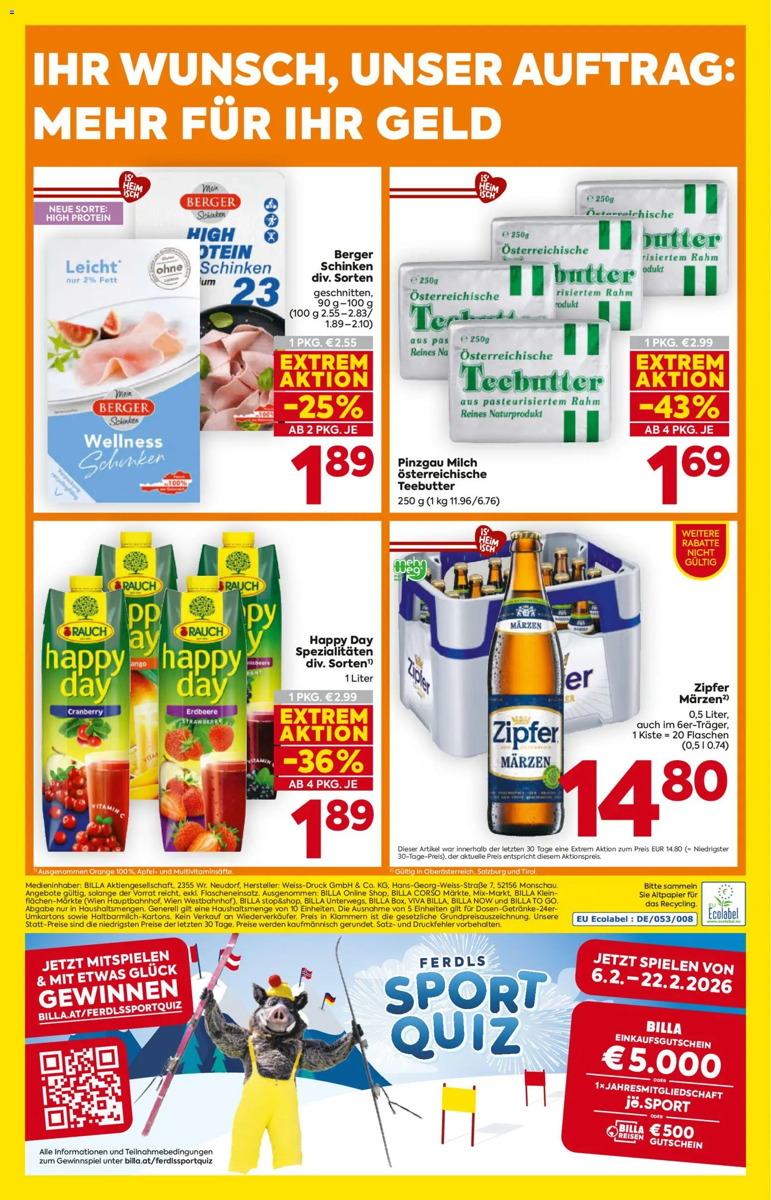 Billa Flugblatt - Salzburg gültig ab 19.02.2026 | Seite: 16 | Produkte: Milch, Butter, Schinken, Äpfel