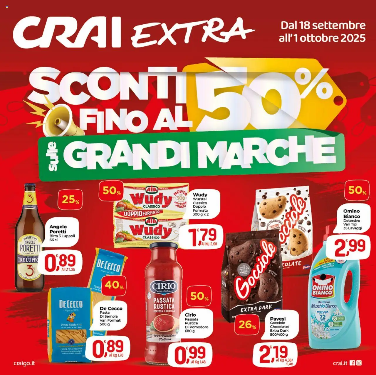 Volantino CRAI del 18.09.2025 | Pagina: 1 | Prodotti: Birra, Pasta, Wurstel, Penne