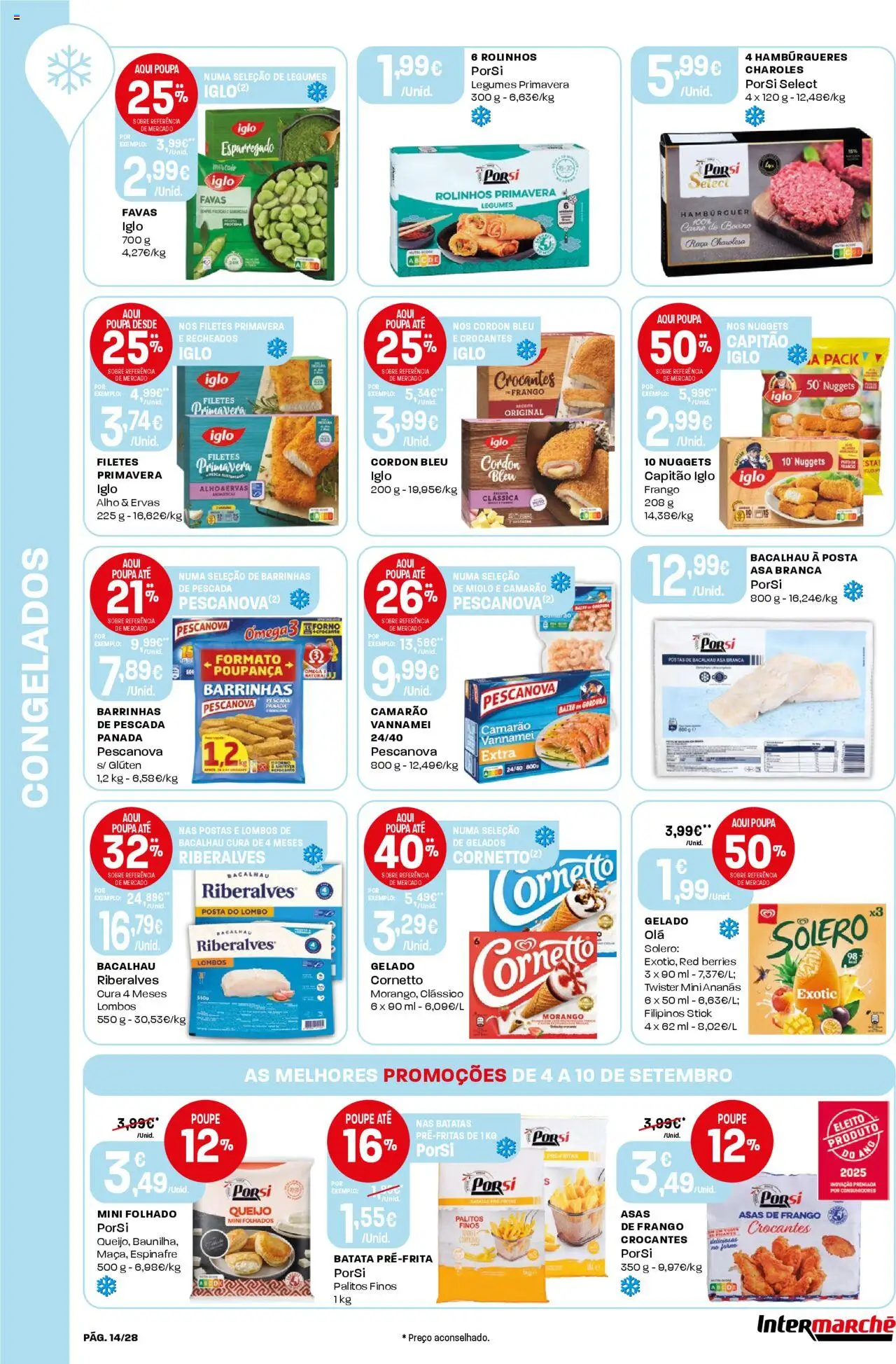 Intermarché folheto │ válido de 04.09.2025 | Página: 14 | Produtos: Bacalhau, Hambúrguer, Gelado, Carne