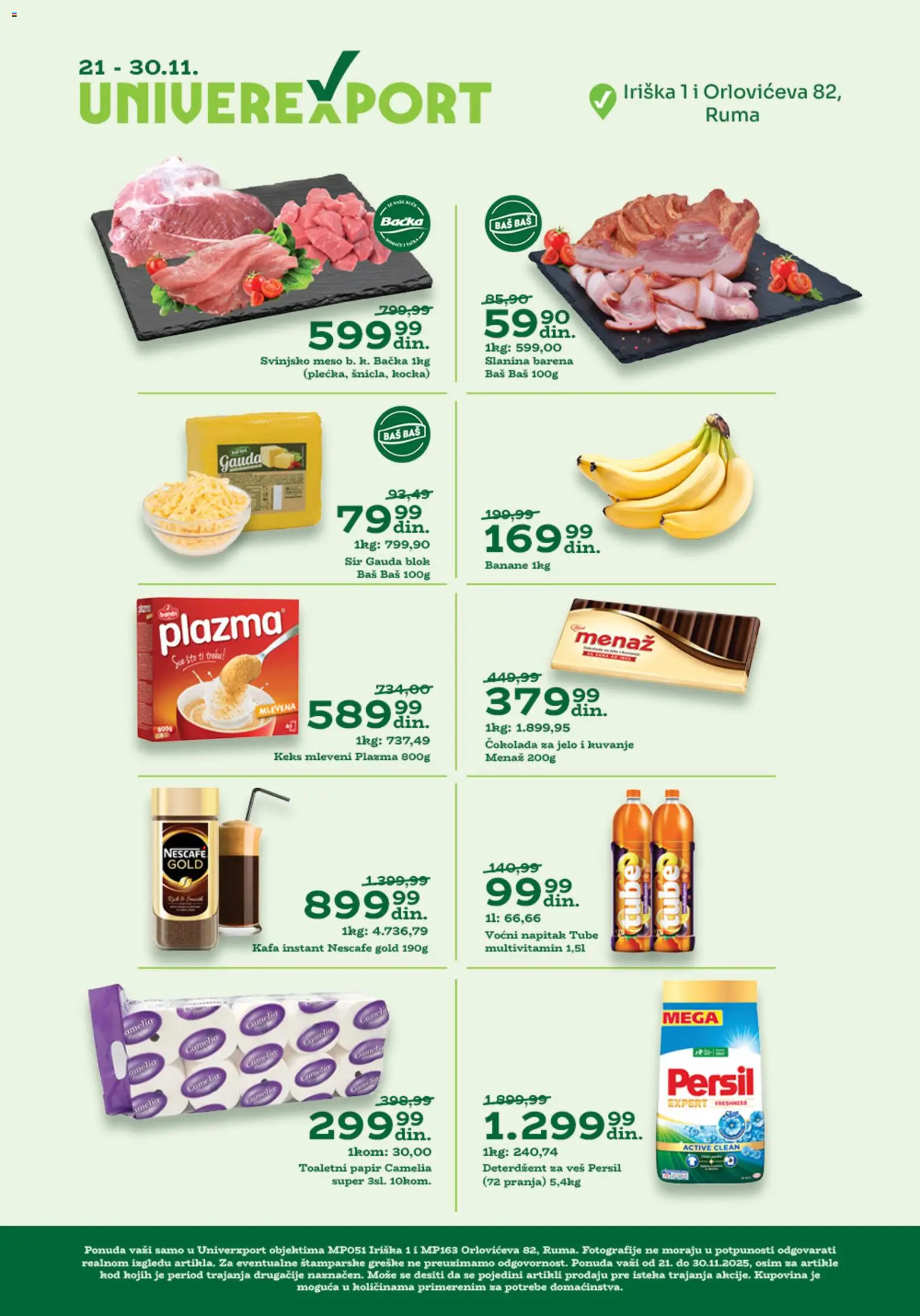 Univerexport katalog - važi od 21.11.2025 | Strana: 1 | Proizvode: Keks, Čokolada, Slanina, Banane