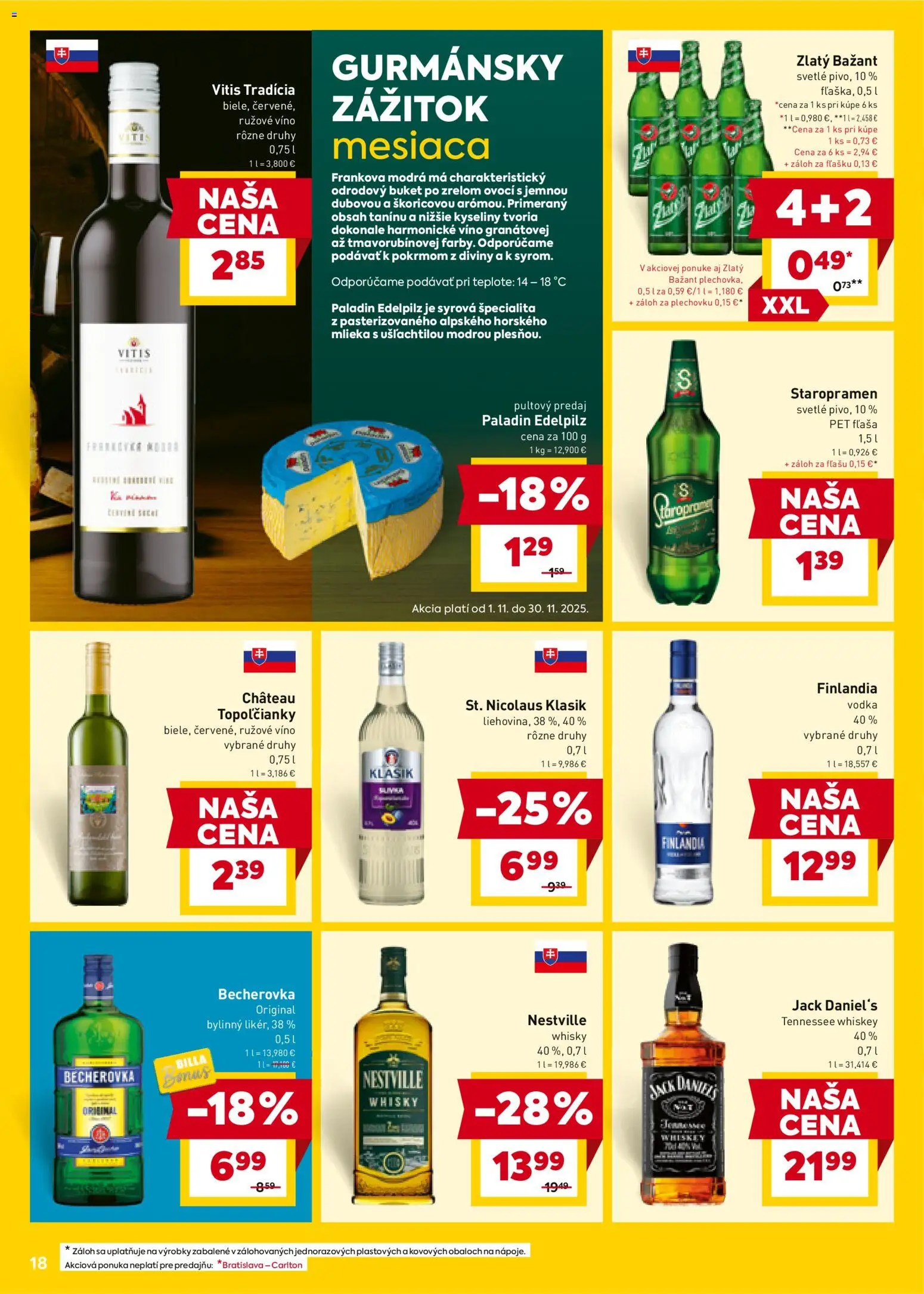 Nové Billa akcie – leták je platný od 29.10.2025 | Strana: 18 | Produkty: Rúžové víno, Whisky, Finlandia, Jack Daniel's
