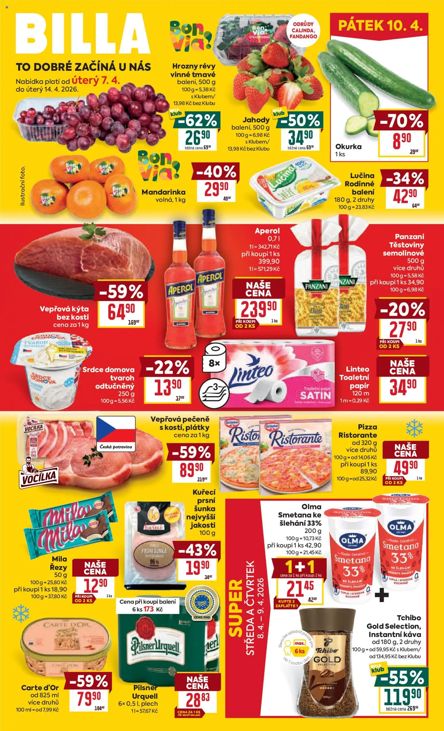 Billa Malý leták od 07.04.2026 | Strana: 1 | Produkty: Vepřová pečeně, Lučina, Aperol, Kýta