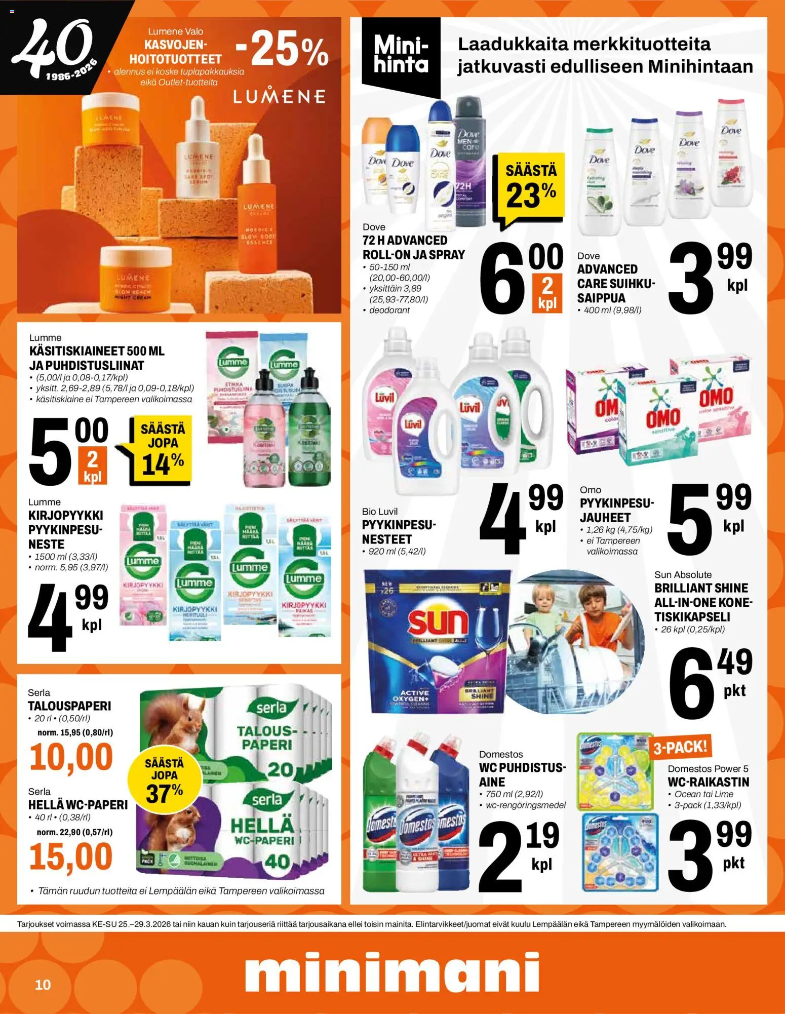 Minimani tarjoukset – voimassa 25.03.2026 alkaen | Sivu: 10 | Tuotteet: Hella, Saippua, Puhdistusliinat, WC