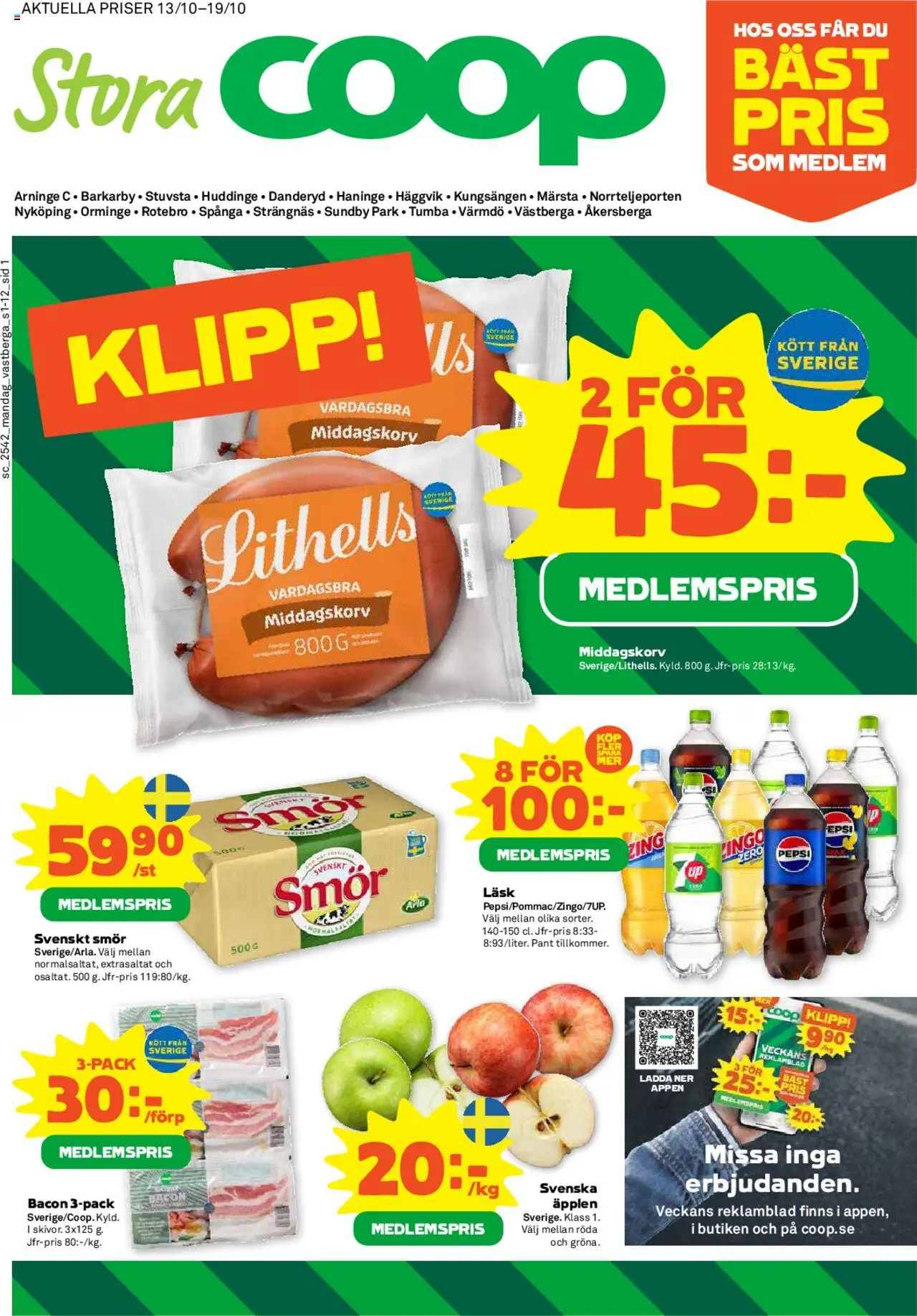 Coop Forum reklamblad aktuell från 13.10.2025 | Sida: 1 | Produkter: Bacon, Pepsi, Smör, Äpplen