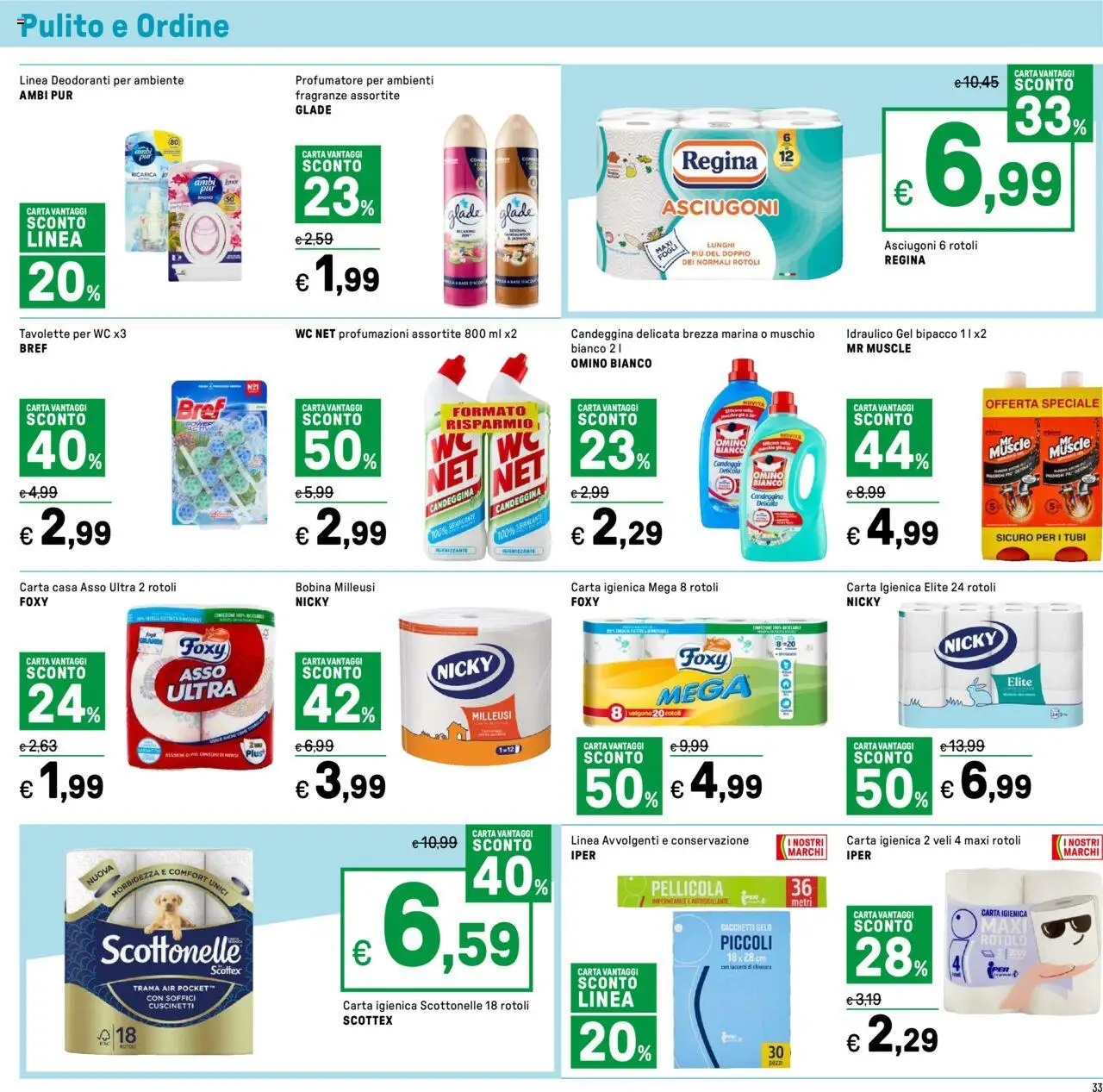 Volantino Iper del 01.08.2025 | Pagina: 33 | Prodotti: Carta igienica, Candeggina, Pellicola, WC