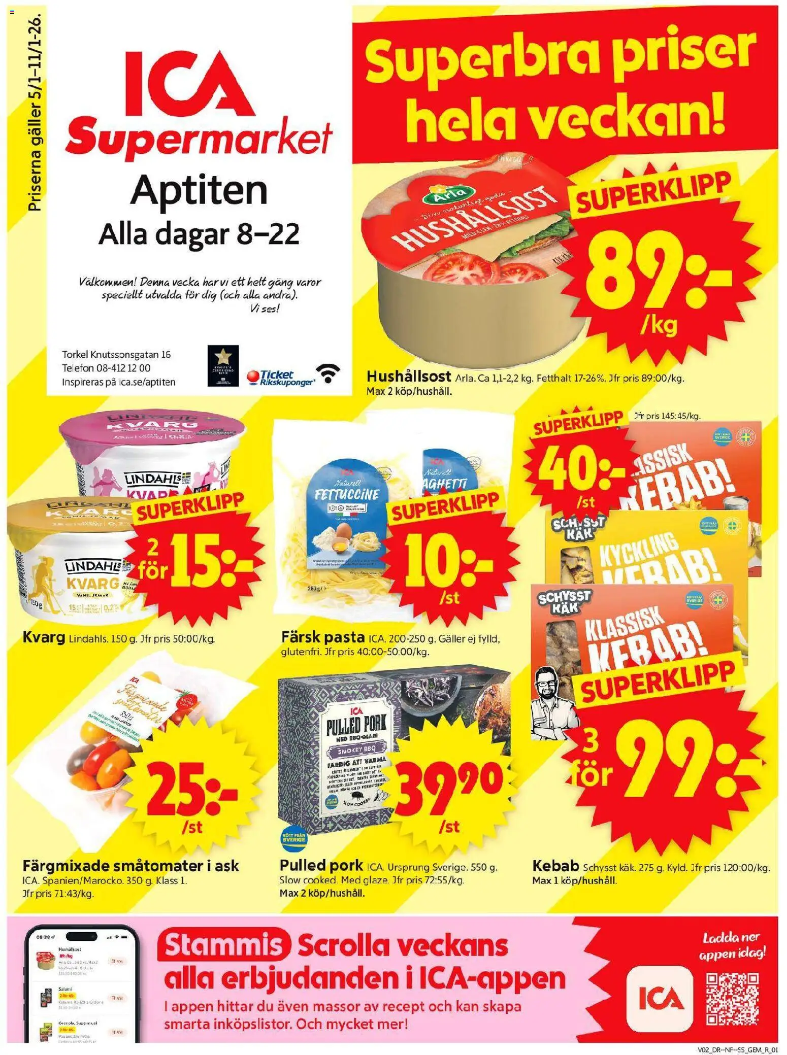 ICA Supermarket reklamblad aktuell från 05.01.2026 | Sida: 1 | Produkter: Hushållsost, Salami, Telefon, Kvarg