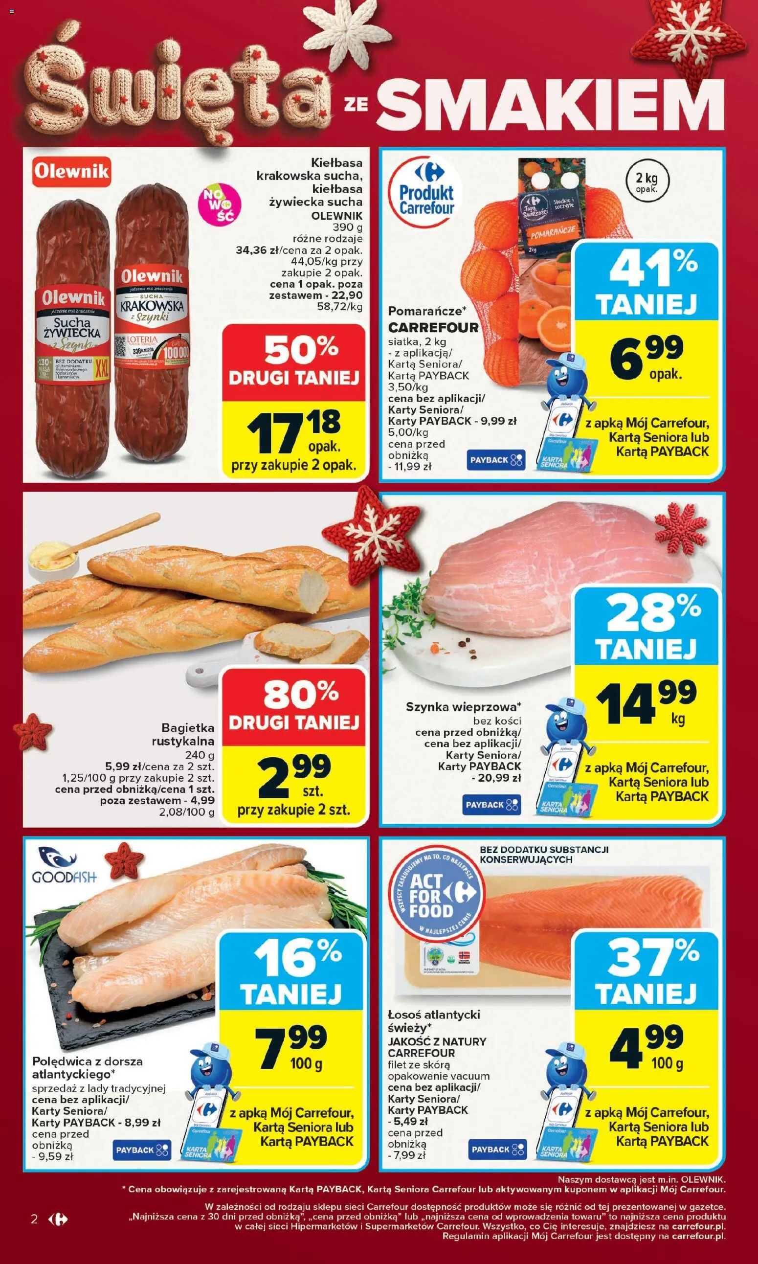 Carrefour Gazetka od 15.12.2025 | Strona: 6 | Produkty: Kiełbasa, Łosoś atlantycki, Bagietka, Polędwica z dorsza